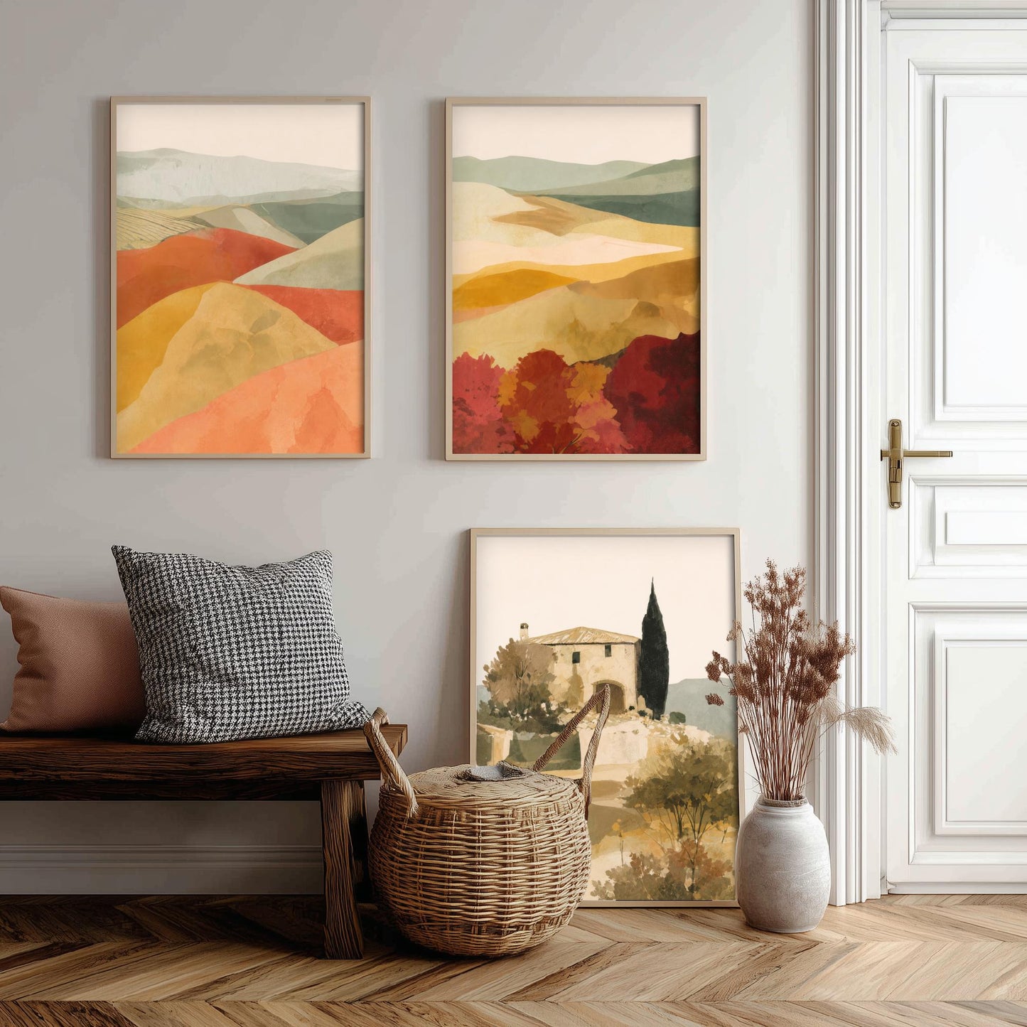 Set of Three Tuscany Landscape Art Prints - Rolling Hills & Italian Villa - Boho Mediterranean Poster Painting Gift Decor V2