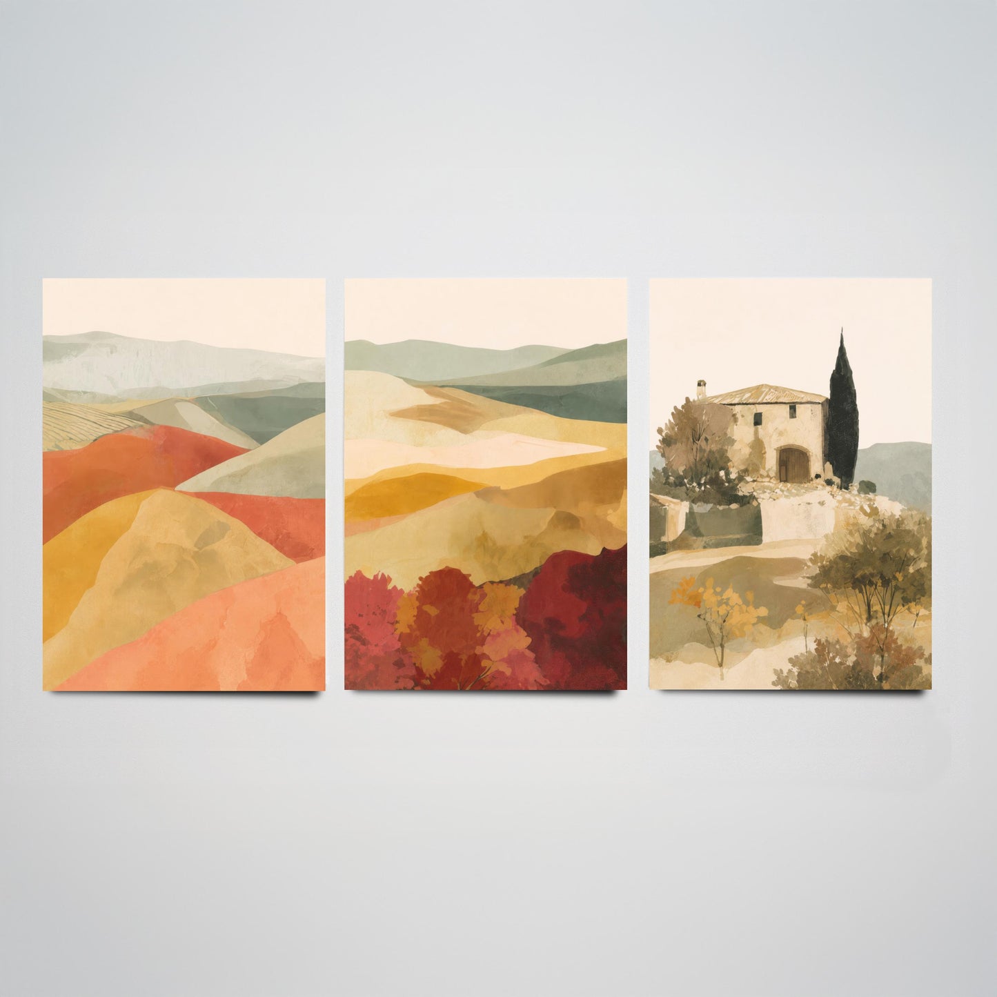 Set of Three Tuscany Landscape Art Prints - Rolling Hills & Italian Villa - Boho Mediterranean Poster Painting Gift Decor V2