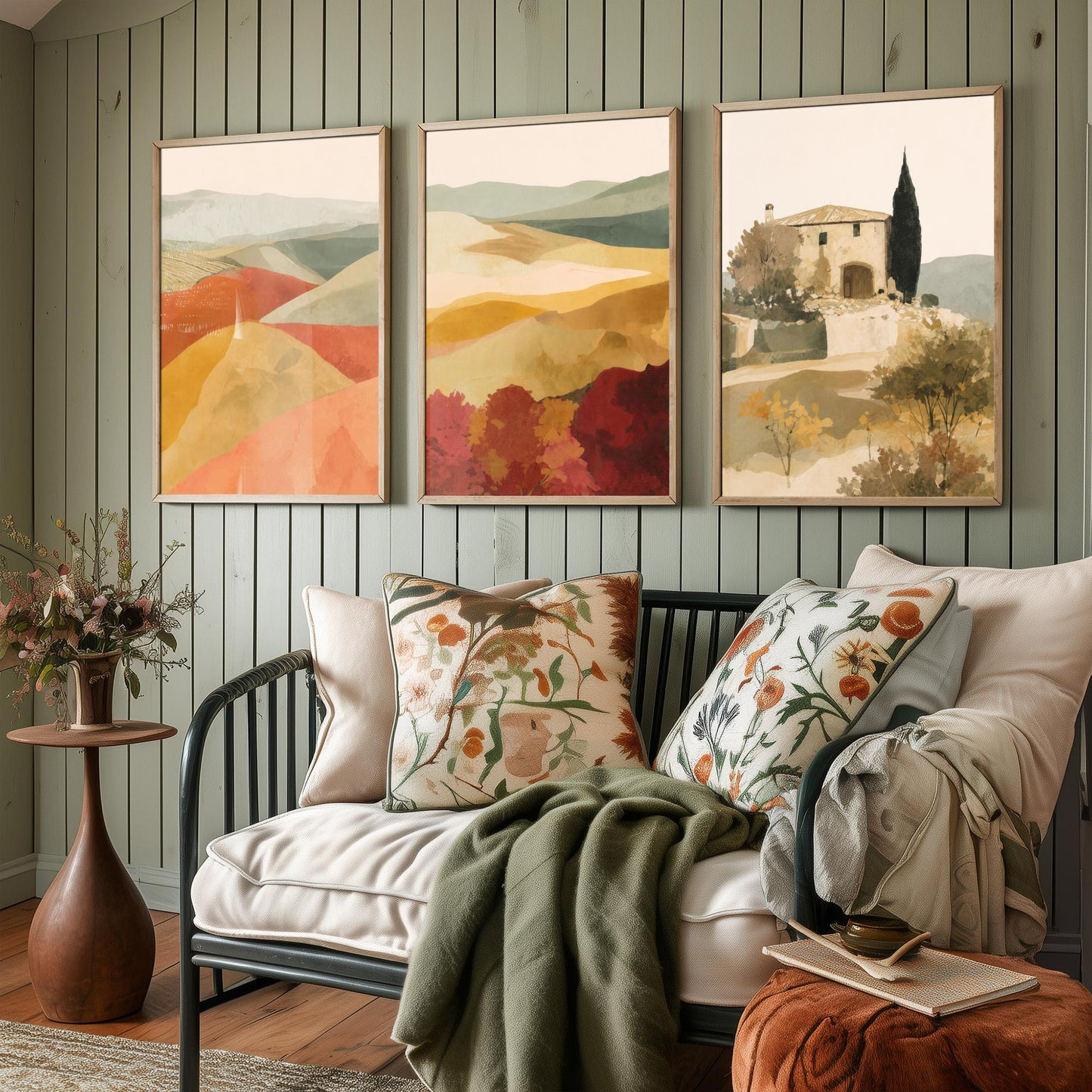 Set of Three Tuscany Landscape Art Prints - Rolling Hills & Italian Villa - Boho Mediterranean Poster Painting Gift Decor V2