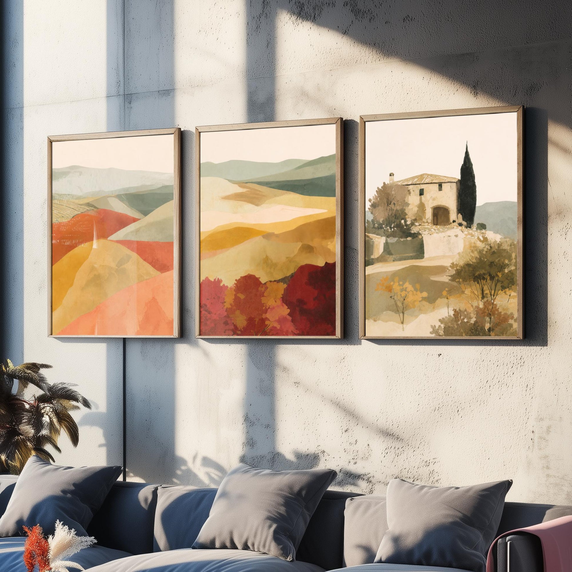 Set of Three Tuscany Landscape Art Prints - Rolling Hills & Italian Villa - Boho Mediterranean Poster Painting Gift Decor V2