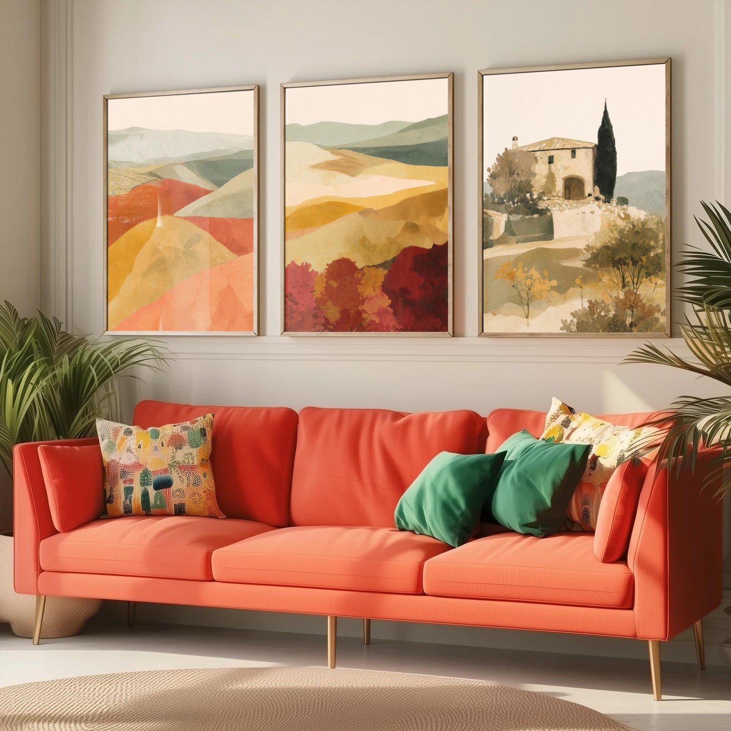 Set of Three Tuscany Landscape Art Prints - Rolling Hills & Italian Villa - Boho Mediterranean Poster Painting Gift Decor V2
