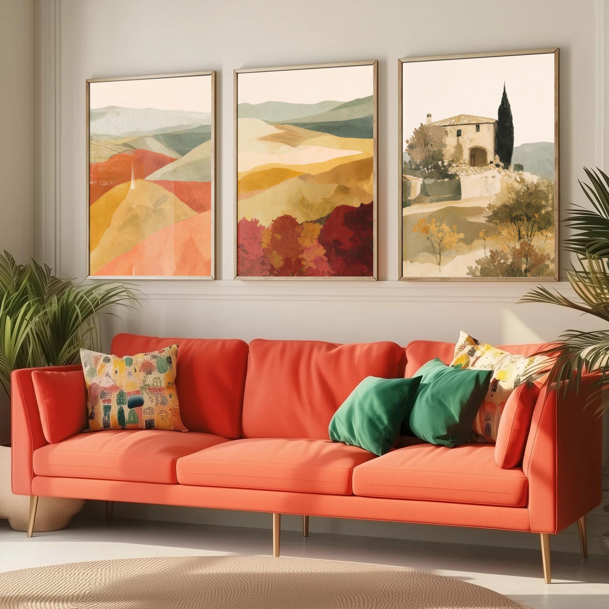 Set of Three Tuscany Landscape Art Prints - Rolling Hills & Italian Villa - Boho Mediterranean Poster Painting Gift Decor V2