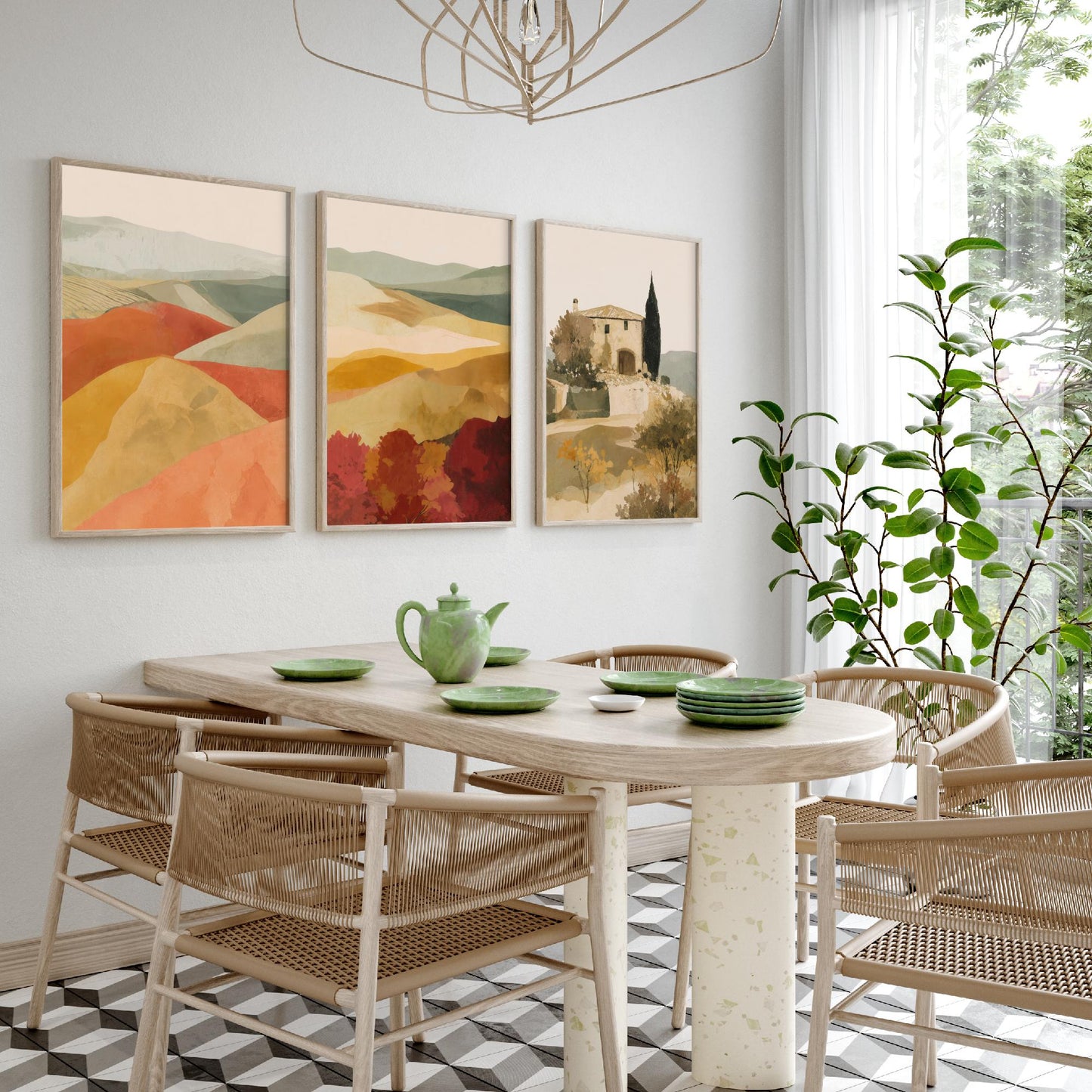 Set of Three Tuscany Landscape Art Prints - Rolling Hills & Italian Villa - Boho Mediterranean Poster Painting Gift Decor V2