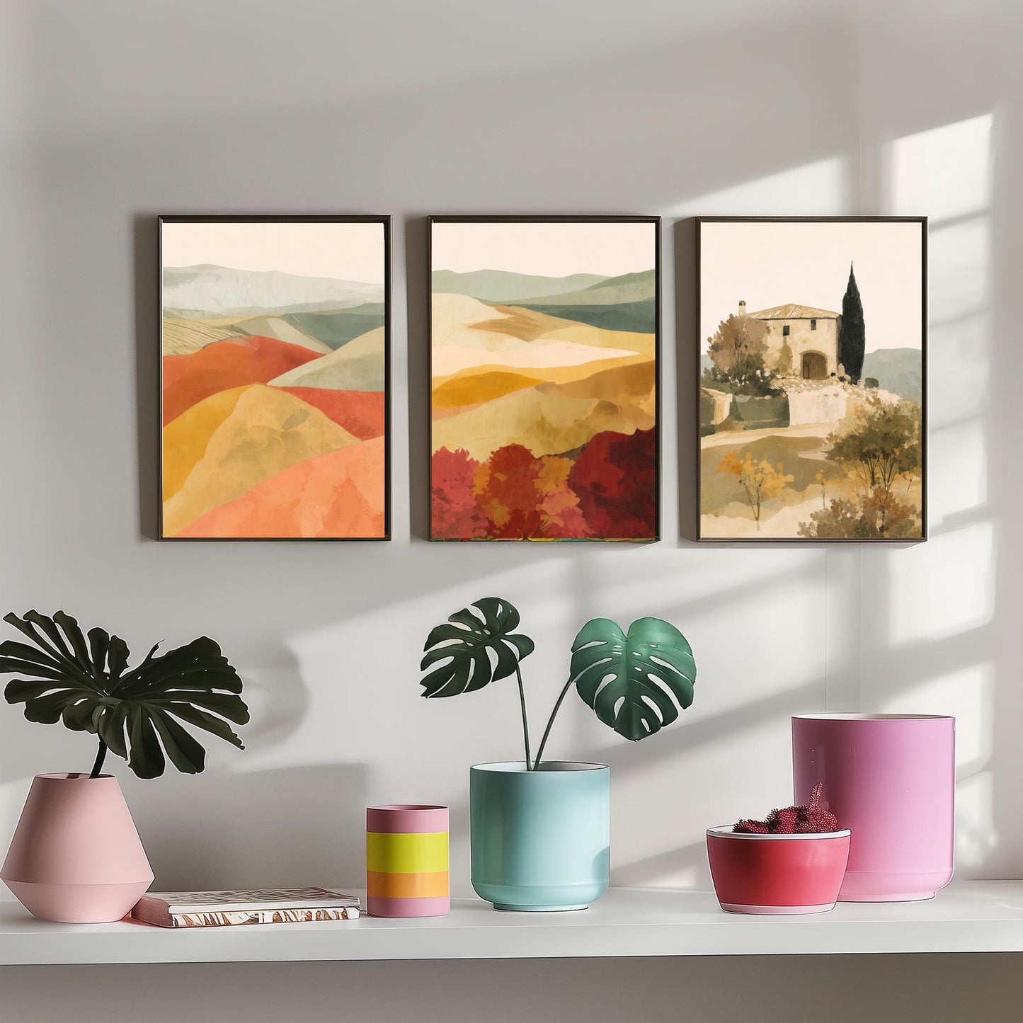 Set of Three Tuscany Landscape Art Prints - Rolling Hills & Italian Villa - Boho Mediterranean Poster Painting Gift Decor V2