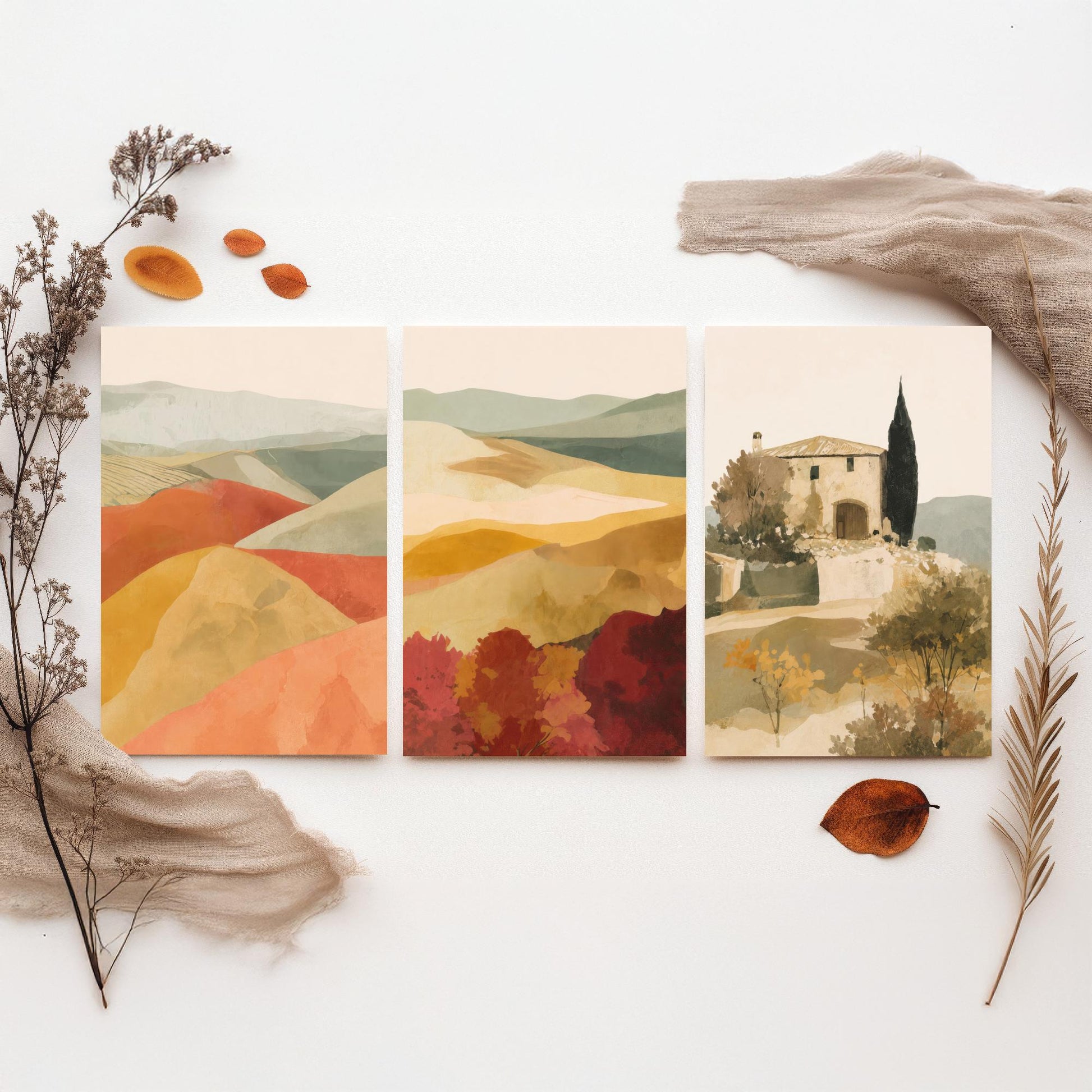 Set of Three Tuscany Landscape Art Prints - Rolling Hills & Italian Villa - Boho Mediterranean Poster Painting Gift Decor V2