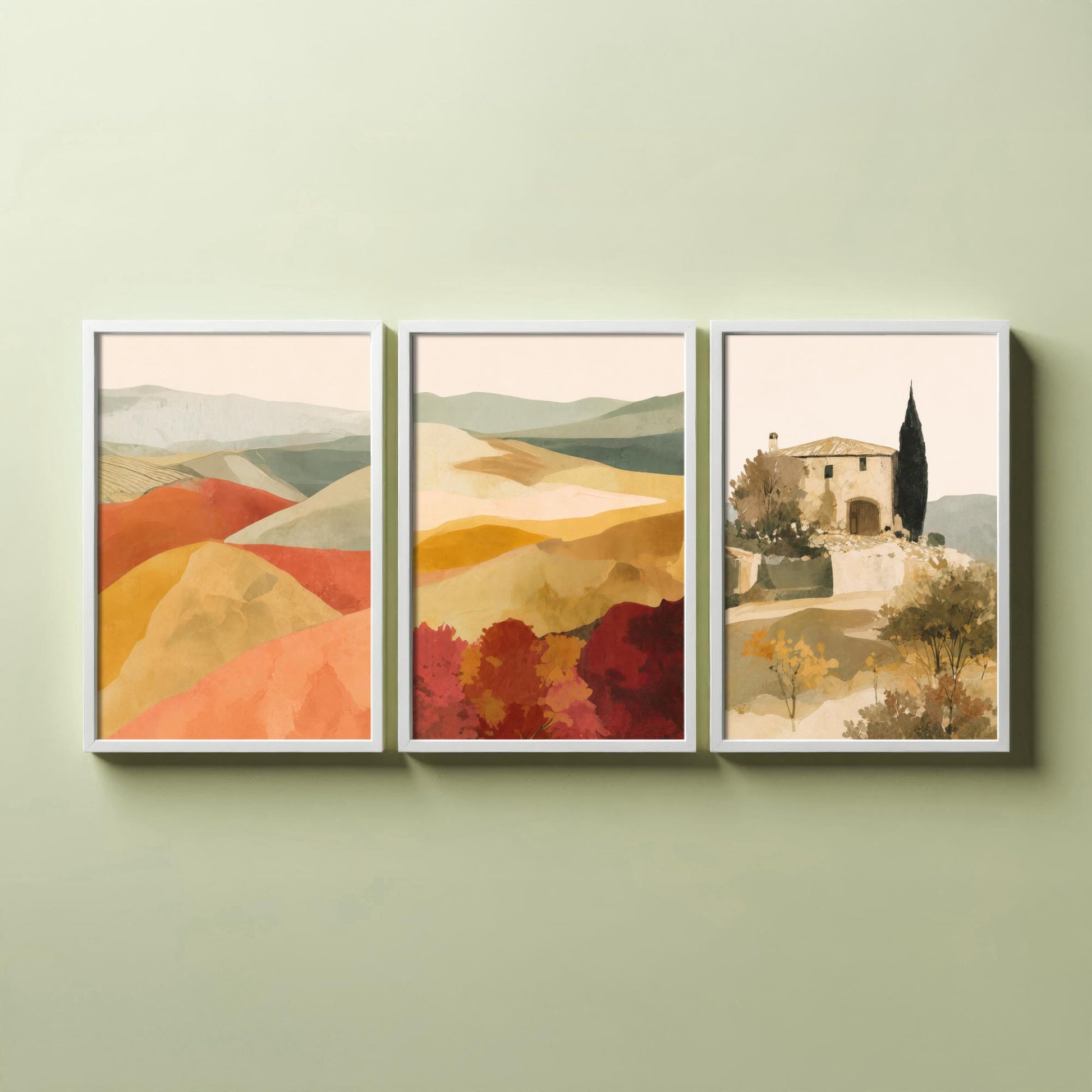 Set of Three Tuscany Landscape Art Prints - Rolling Hills & Italian Villa - Boho Mediterranean Poster Painting Gift Decor V2