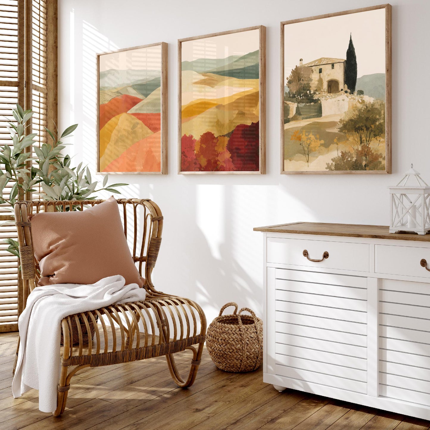 Set of Three Tuscany Landscape Art Prints - Rolling Hills & Italian Villa - Boho Mediterranean Poster Painting Gift Decor V2