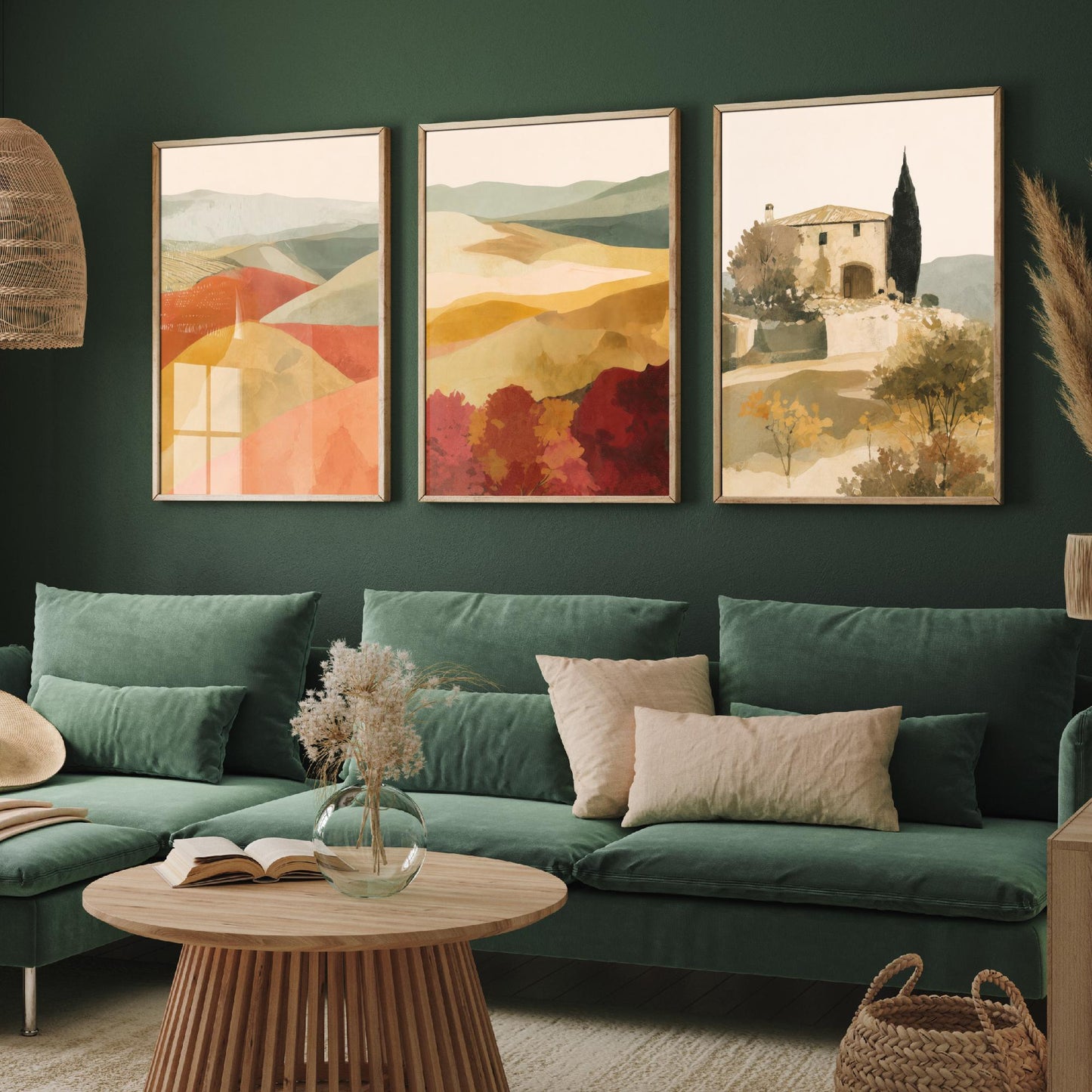 Set of Three Tuscany Landscape Art Prints - Rolling Hills & Italian Villa - Boho Mediterranean Poster Painting Gift Decor V2