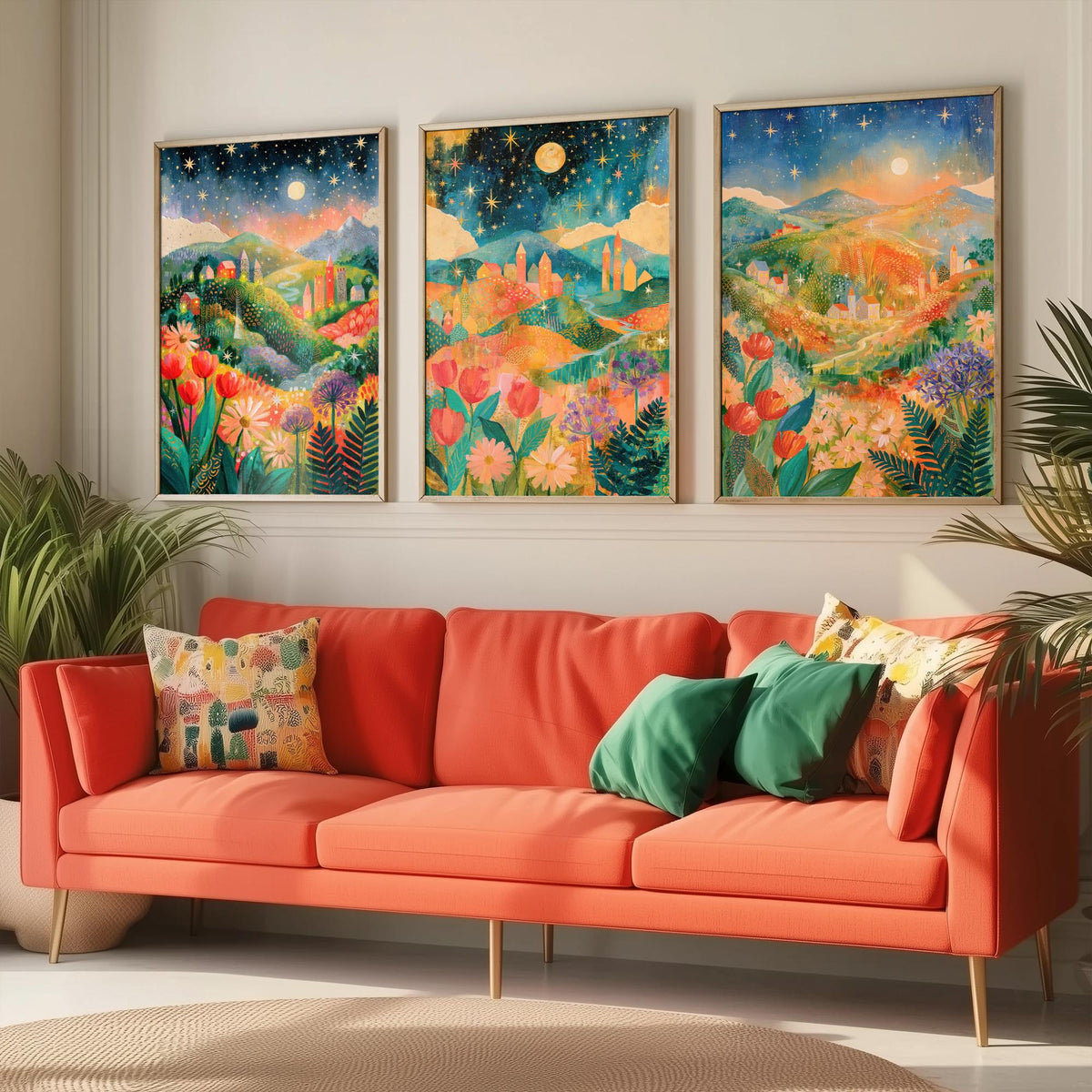 Tuscany Italy Set of Three Art Prints - Val d'Orcia, San Gimignano, Chianti - Starry Night Rolling Hills Paintings - Folk Art Posters
