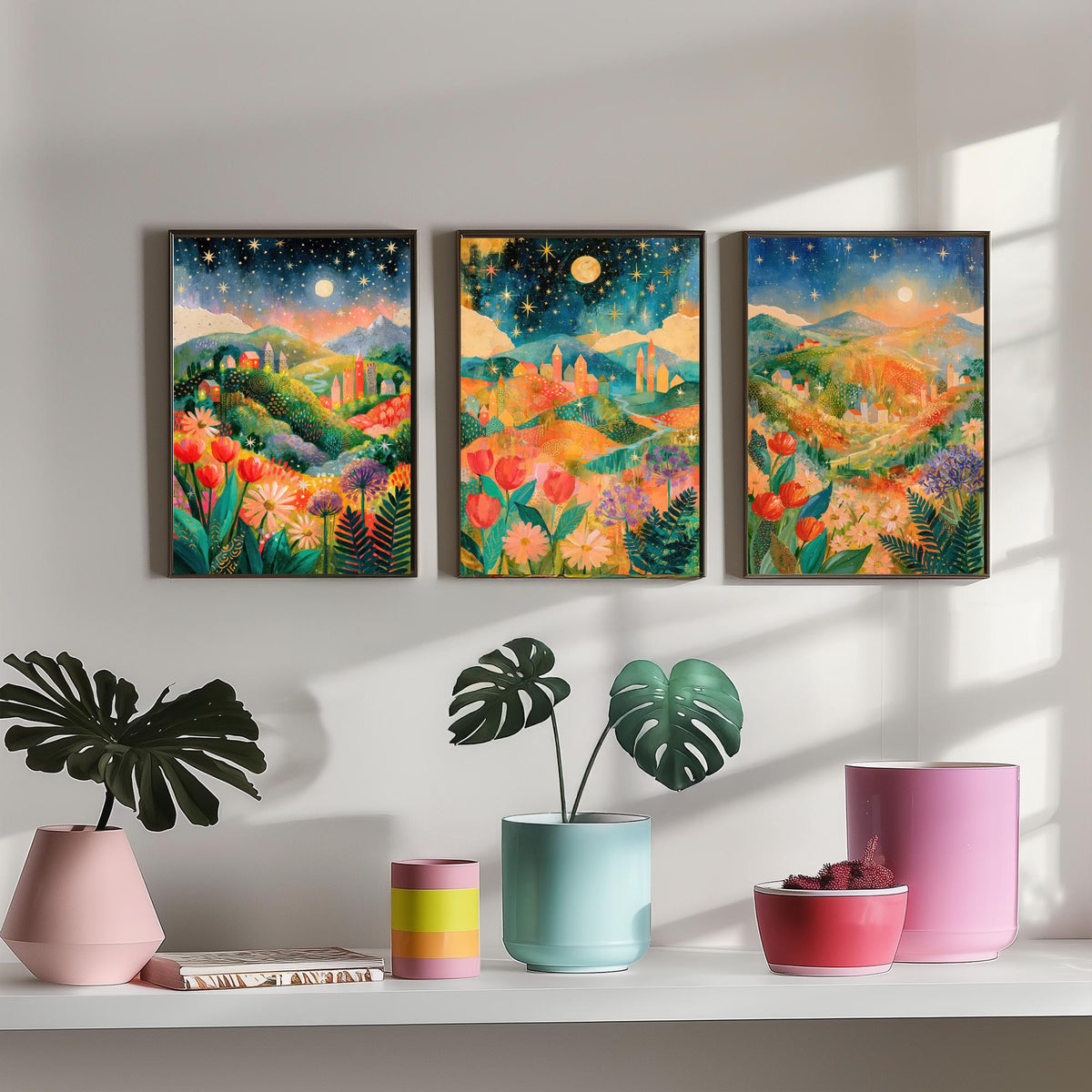 Tuscany Italy Set of Three Art Prints - Val d'Orcia, San Gimignano, Chianti - Starry Night Rolling Hills Paintings - Folk Art Posters