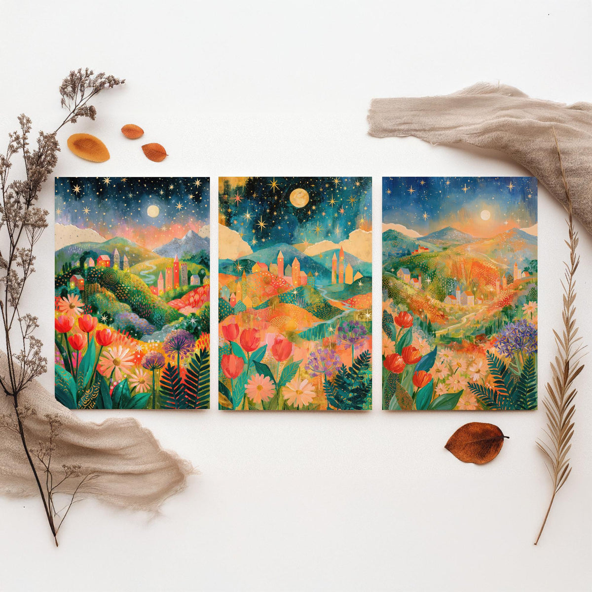 Tuscany Italy Set of Three Art Prints - Val d'Orcia, San Gimignano, Chianti - Starry Night Rolling Hills Paintings - Folk Art Posters