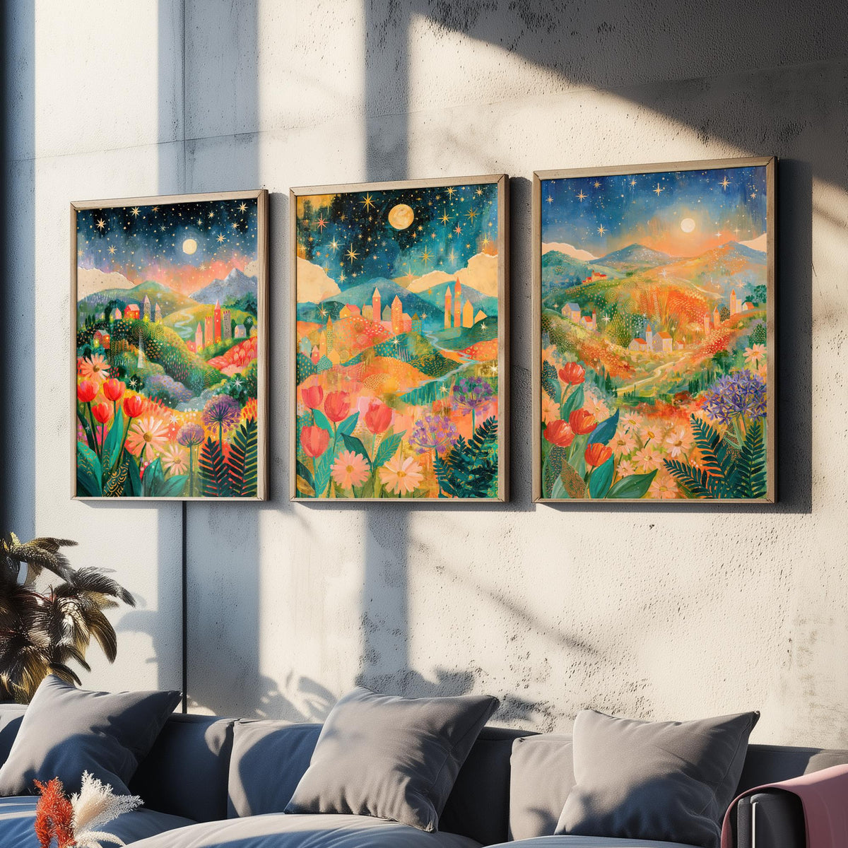 Tuscany Italy Set of Three Art Prints - Val d'Orcia, San Gimignano, Chianti - Starry Night Rolling Hills Paintings - Folk Art Posters