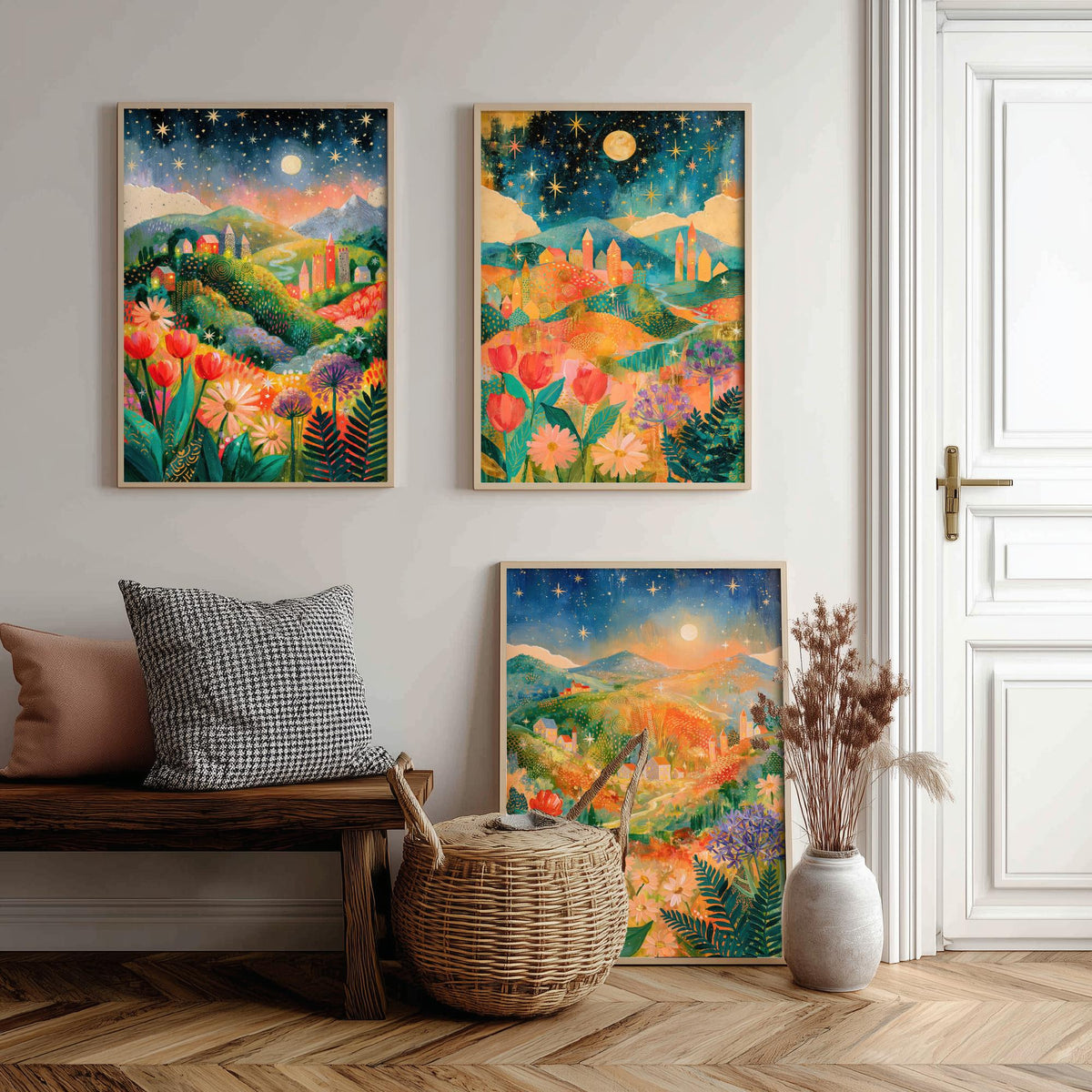 Tuscany Italy Set of Three Art Prints - Val d'Orcia, San Gimignano, Chianti - Starry Night Rolling Hills Paintings - Folk Art Posters