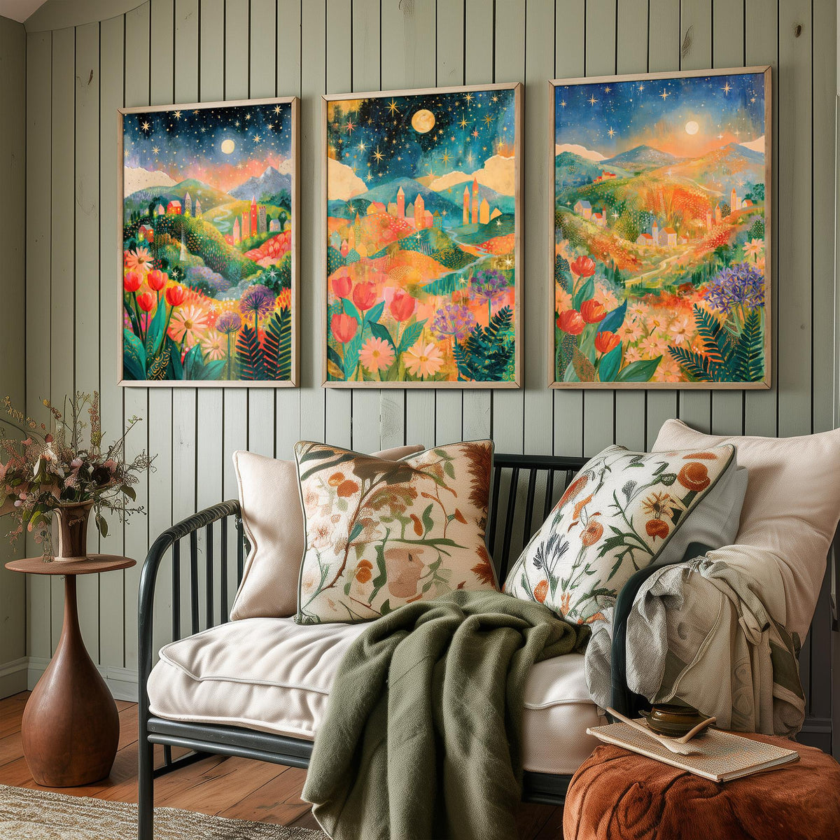 Tuscany Italy Set of Three Art Prints - Val d'Orcia, San Gimignano, Chianti - Starry Night Rolling Hills Paintings - Folk Art Posters