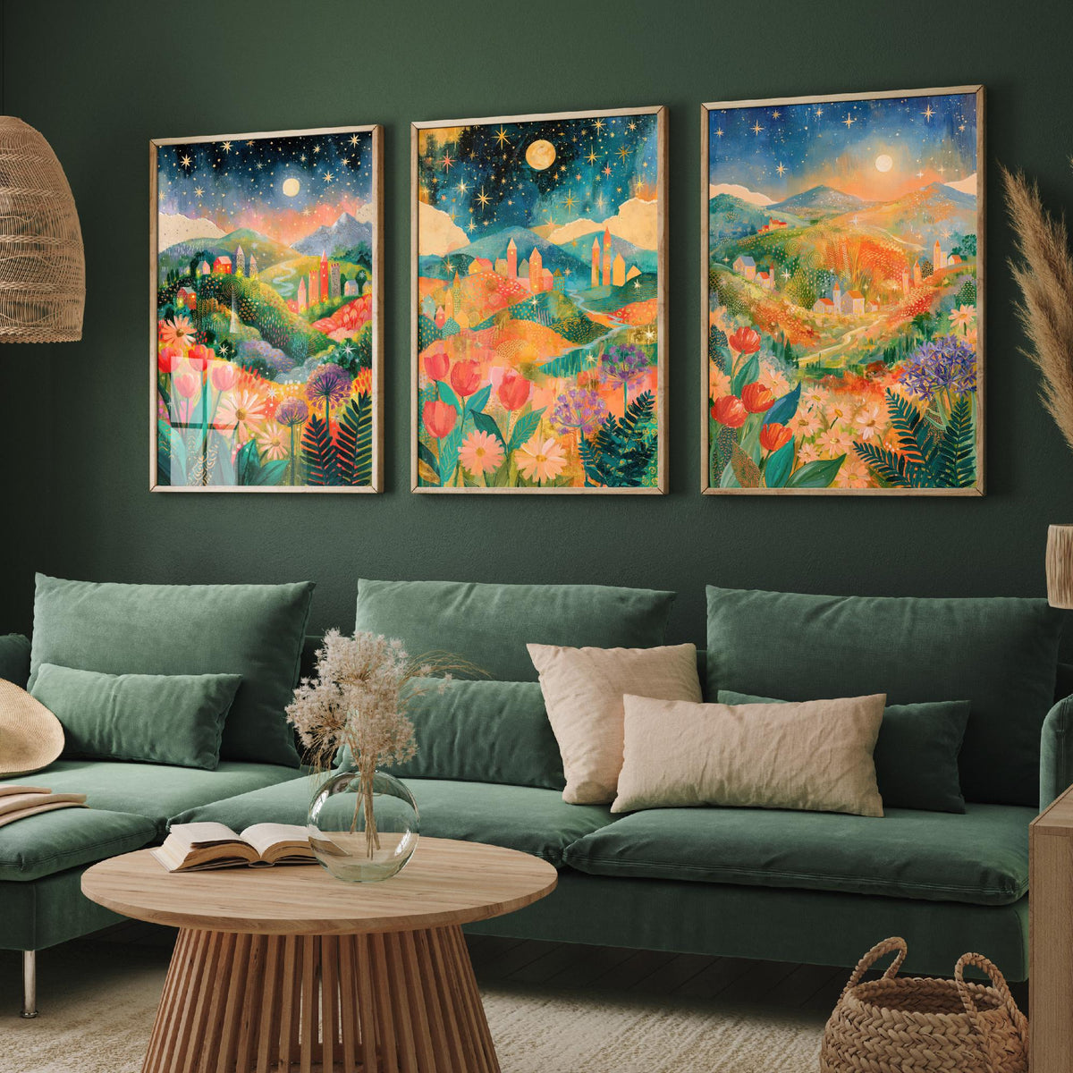 Tuscany Italy Set of Three Art Prints - Val d'Orcia, San Gimignano, Chianti - Starry Night Rolling Hills Paintings - Folk Art Posters