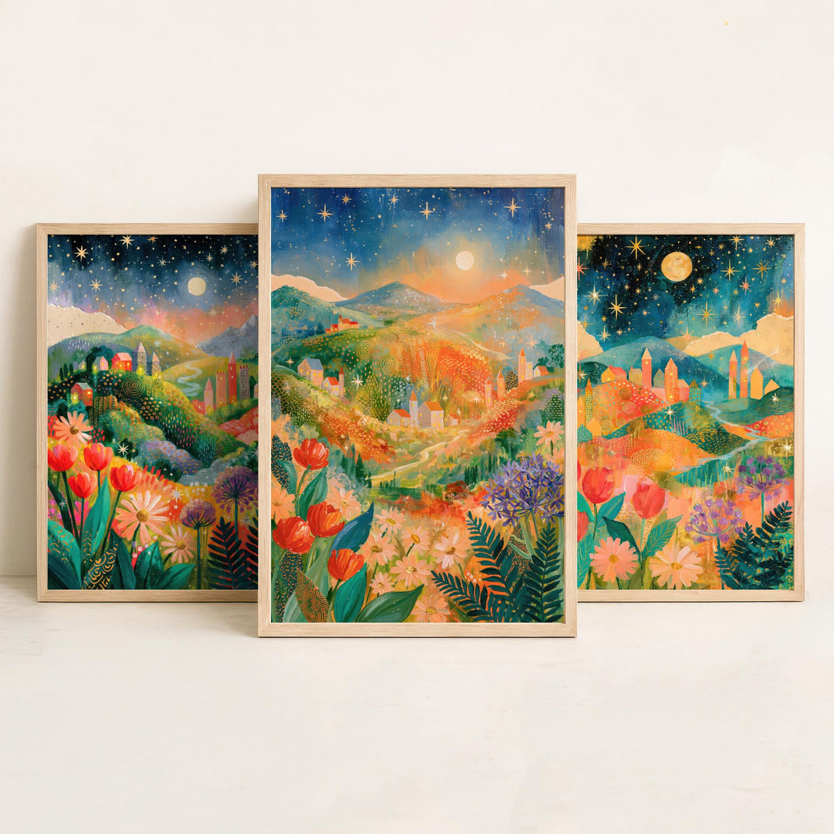 Tuscany Italy Set of Three Art Prints - Val d'Orcia, San Gimignano, Chianti - Starry Night Rolling Hills Paintings - Folk Art Posters