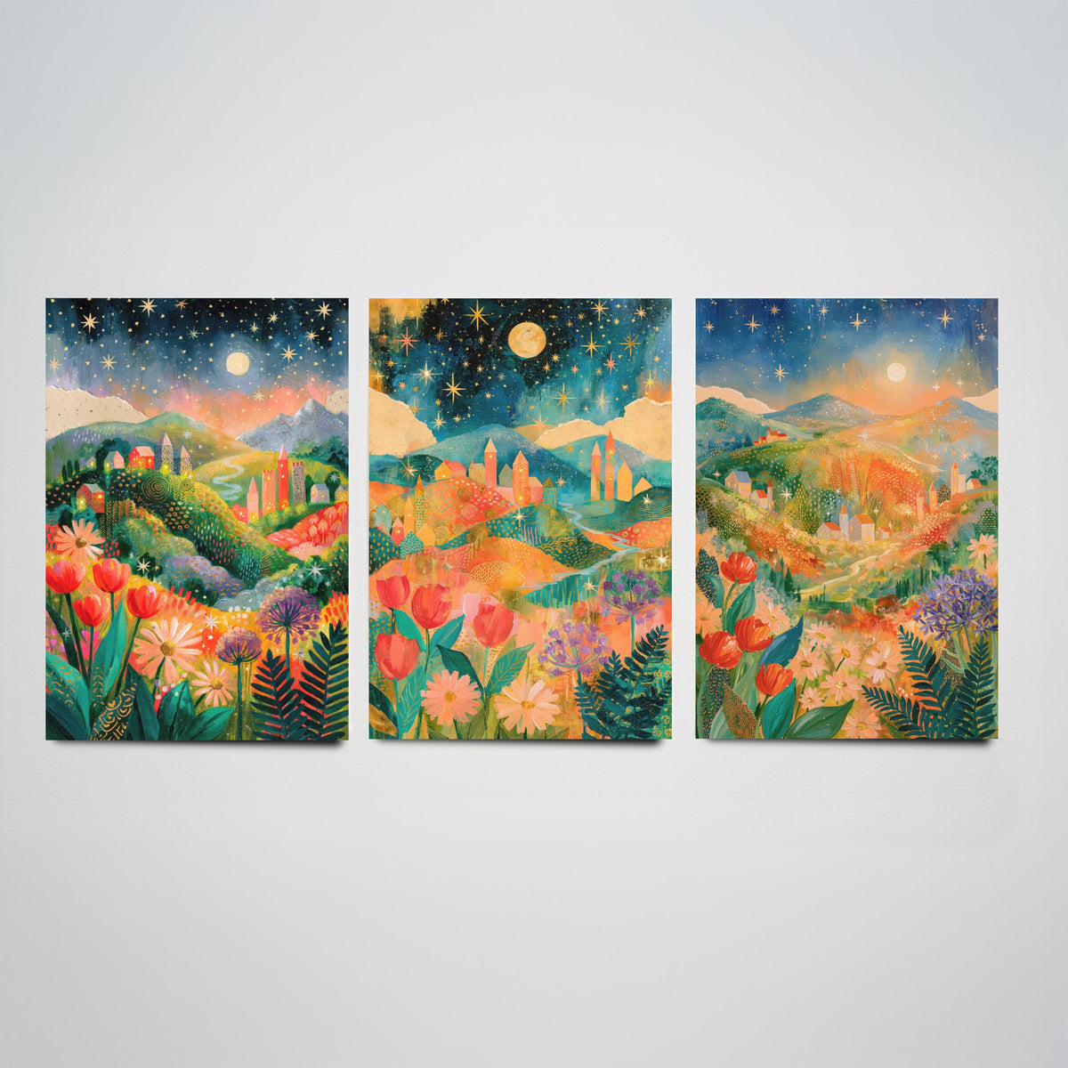 Tuscany Italy Set of Three Art Prints - Val d'Orcia, San Gimignano, Chianti - Starry Night Rolling Hills Paintings - Folk Art Posters