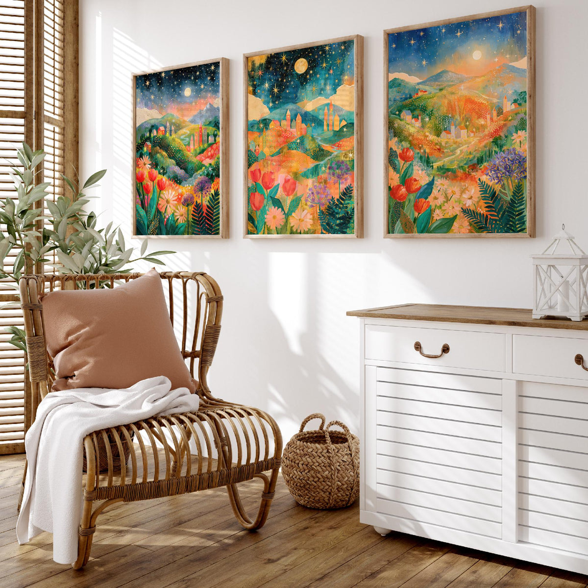 Tuscany Italy Set of Three Art Prints - Val d'Orcia, San Gimignano, Chianti - Starry Night Rolling Hills Paintings - Folk Art Posters