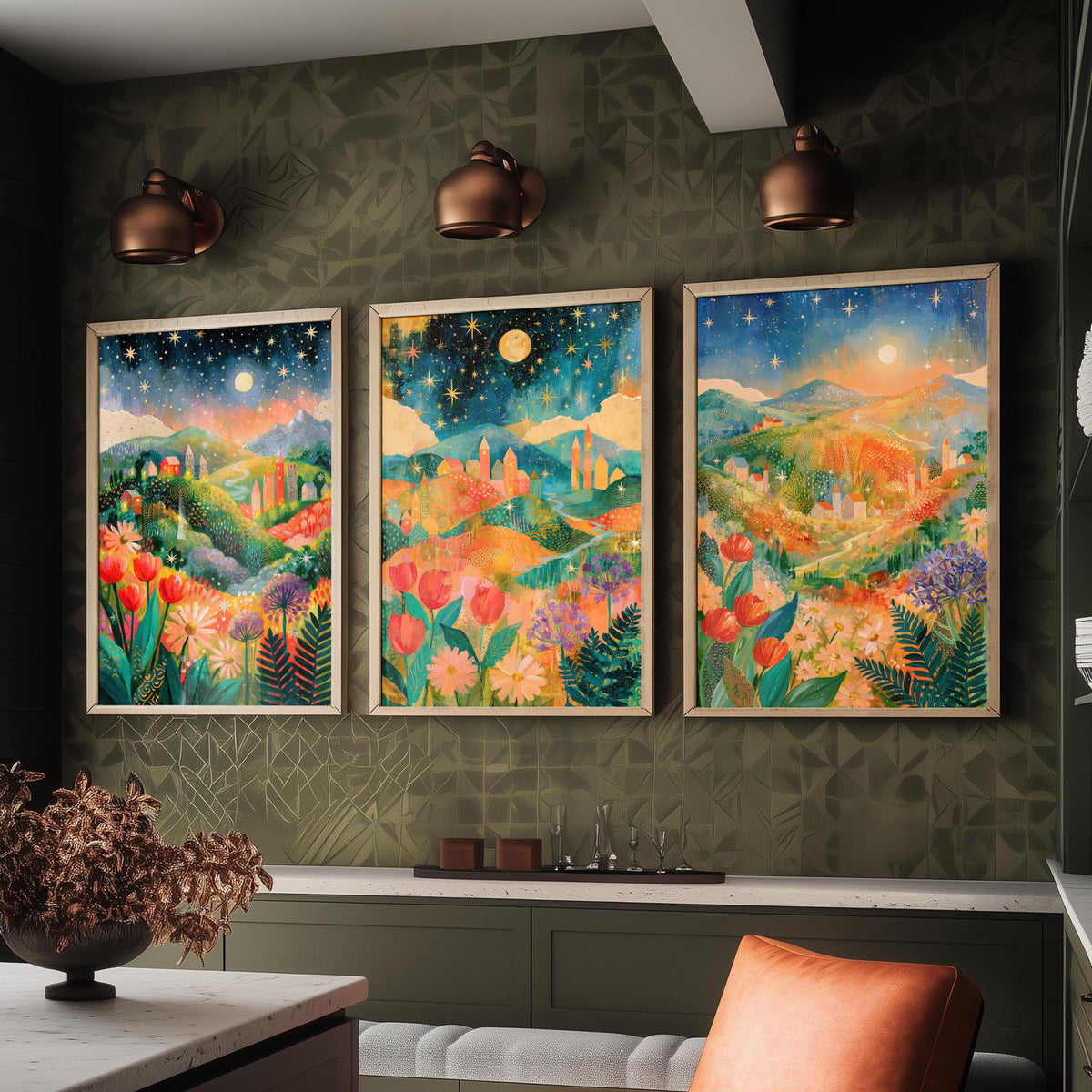 Tuscany Italy Set of Three Art Prints - Val d'Orcia, San Gimignano, Chianti - Starry Night Rolling Hills Paintings - Folk Art Posters
