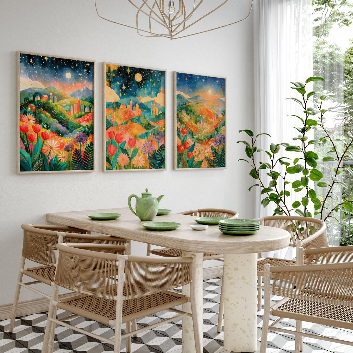 Tuscany Italy Set of Three Art Prints - Val d'Orcia, San Gimignano, Chianti - Starry Night Rolling Hills Paintings - Folk Art Posters