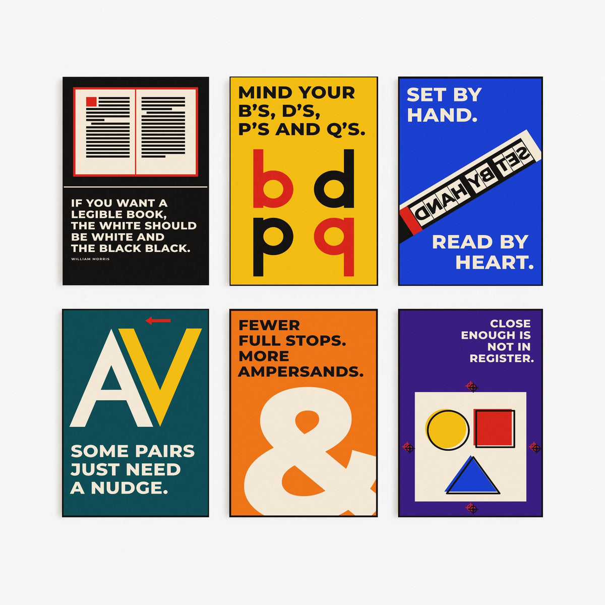 Set of Six Typography Quote Art Prints - 6 Bauhaus Letterpress Posters - Minimalist Design Illustration - Ampersand, Kerning