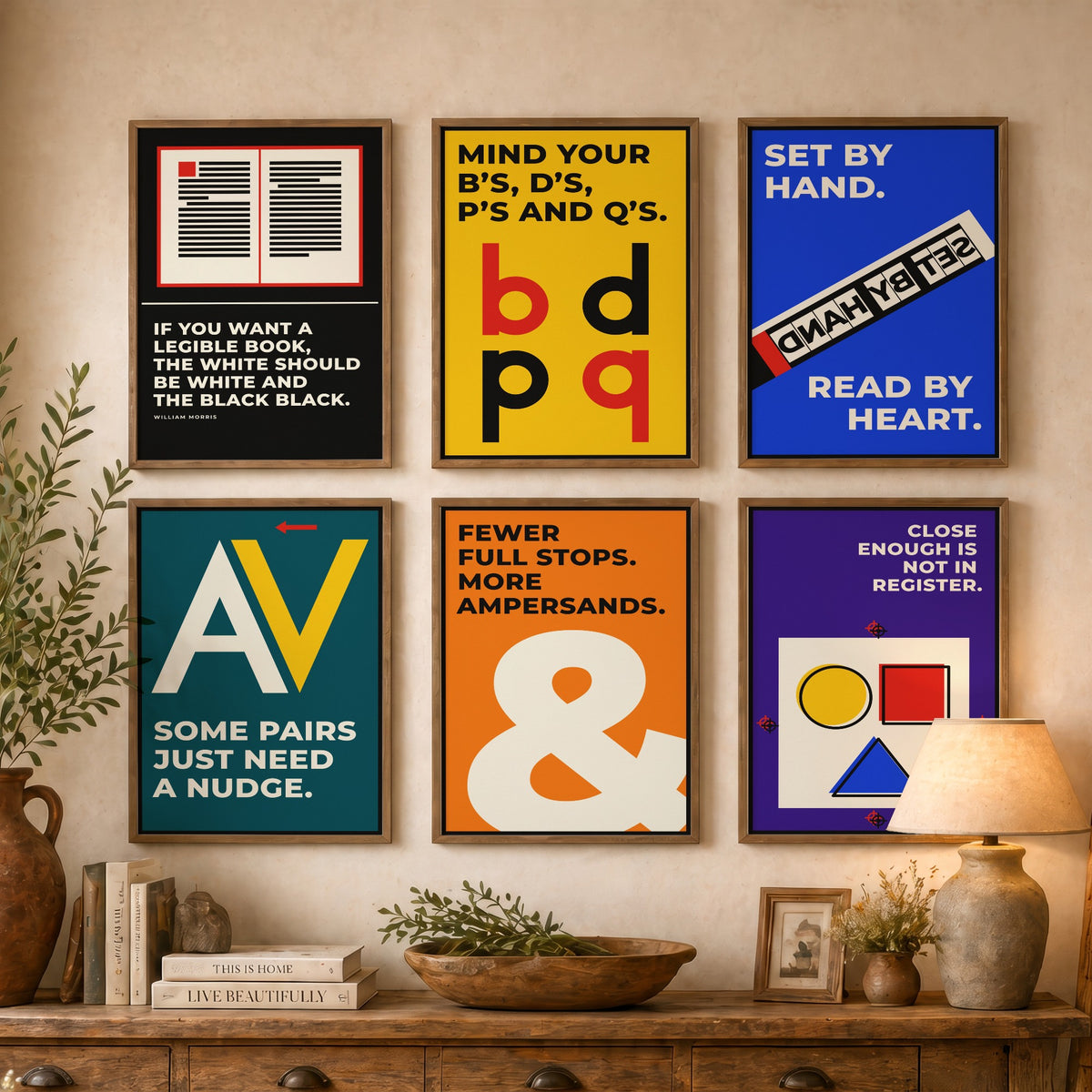 Set of Six Typography Quote Art Prints - 6 Bauhaus Letterpress Posters - Minimalist Design Illustration - Ampersand, Kerning