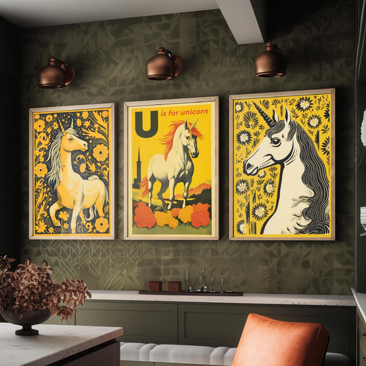 U is for Unicorn Set of Three Art Prints - Alphabet Letter U - Retro Yellow Unicorn Poster Illustration