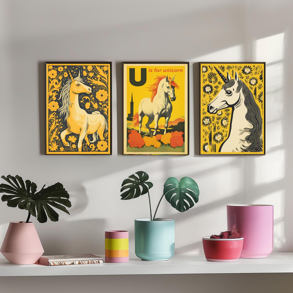 U is for Unicorn Set of Three Art Prints - Alphabet Letter U - Retro Yellow Unicorn Poster Illustration