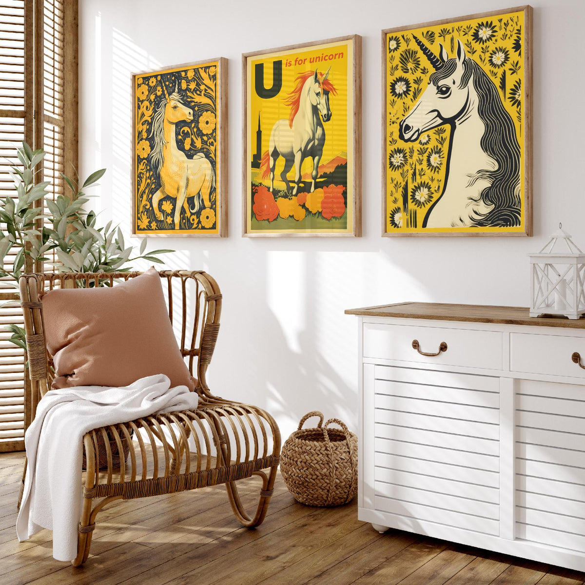 U is for Unicorn Set of Three Art Prints - Alphabet Letter U - Retro Yellow Unicorn Poster Illustration