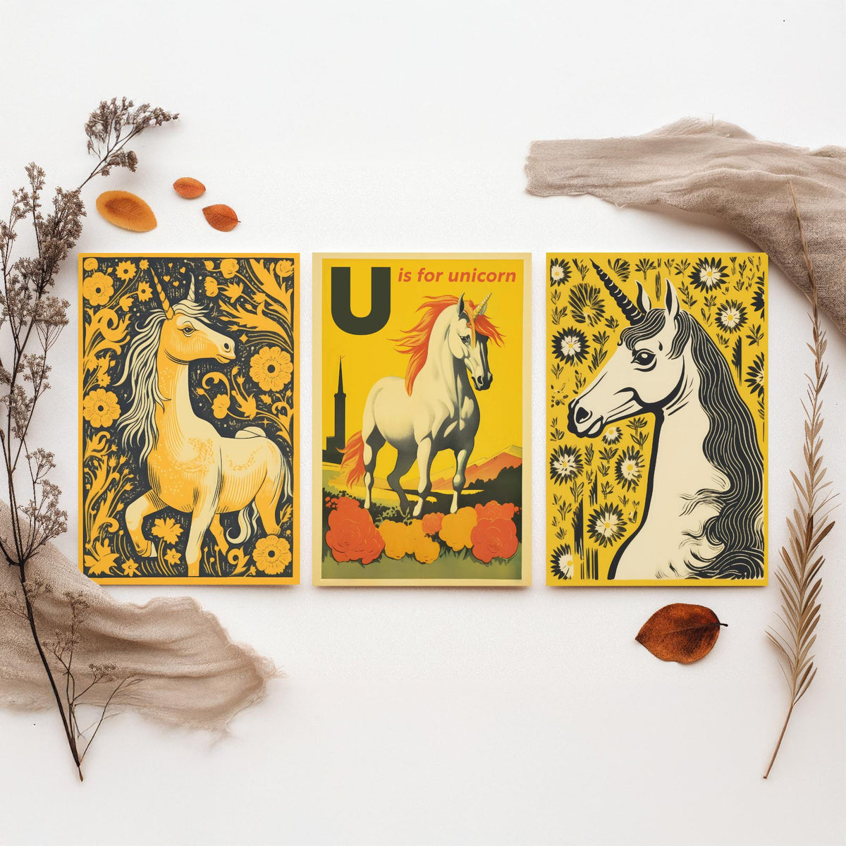 U is for Unicorn Set of Three Art Prints - Alphabet Letter U - Retro Yellow Unicorn Poster Illustration