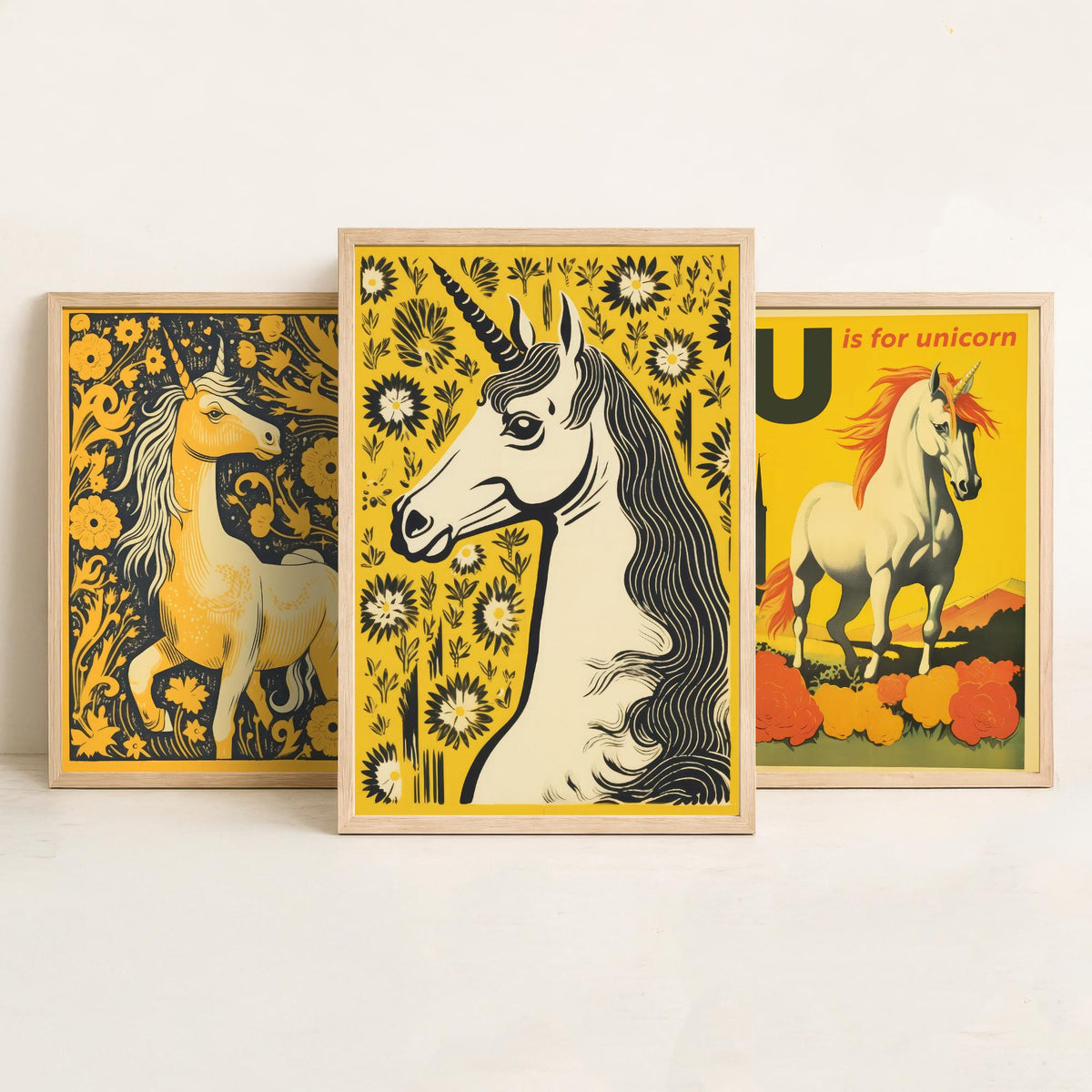 U is for Unicorn Set of Three Art Prints - Alphabet Letter U - Retro Yellow Unicorn Poster Illustration