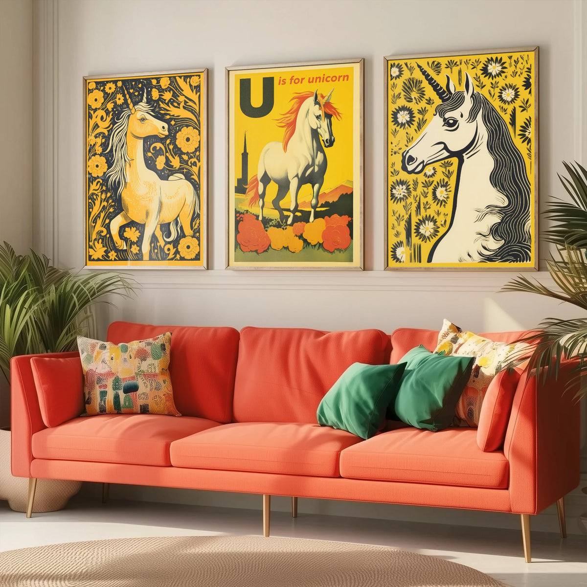 U is for Unicorn Set of Three Art Prints - Alphabet Letter U - Retro Yellow Unicorn Poster Illustration