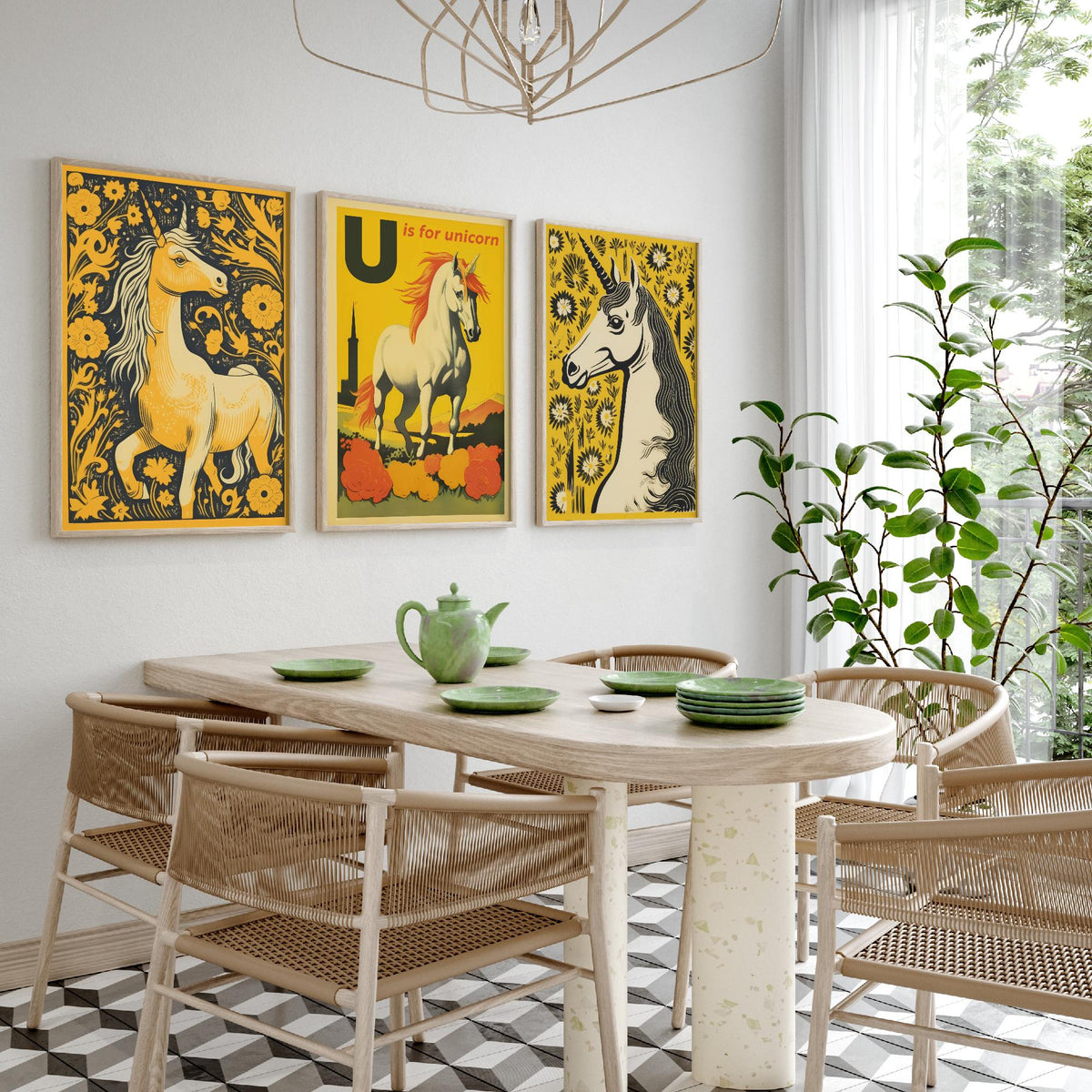U is for Unicorn Set of Three Art Prints - Alphabet Letter U - Retro Yellow Unicorn Poster Illustration