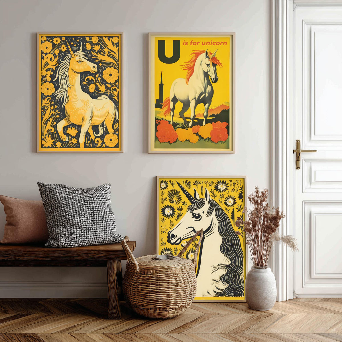 U is for Unicorn Set of Three Art Prints - Alphabet Letter U - Retro Yellow Unicorn Poster Illustration