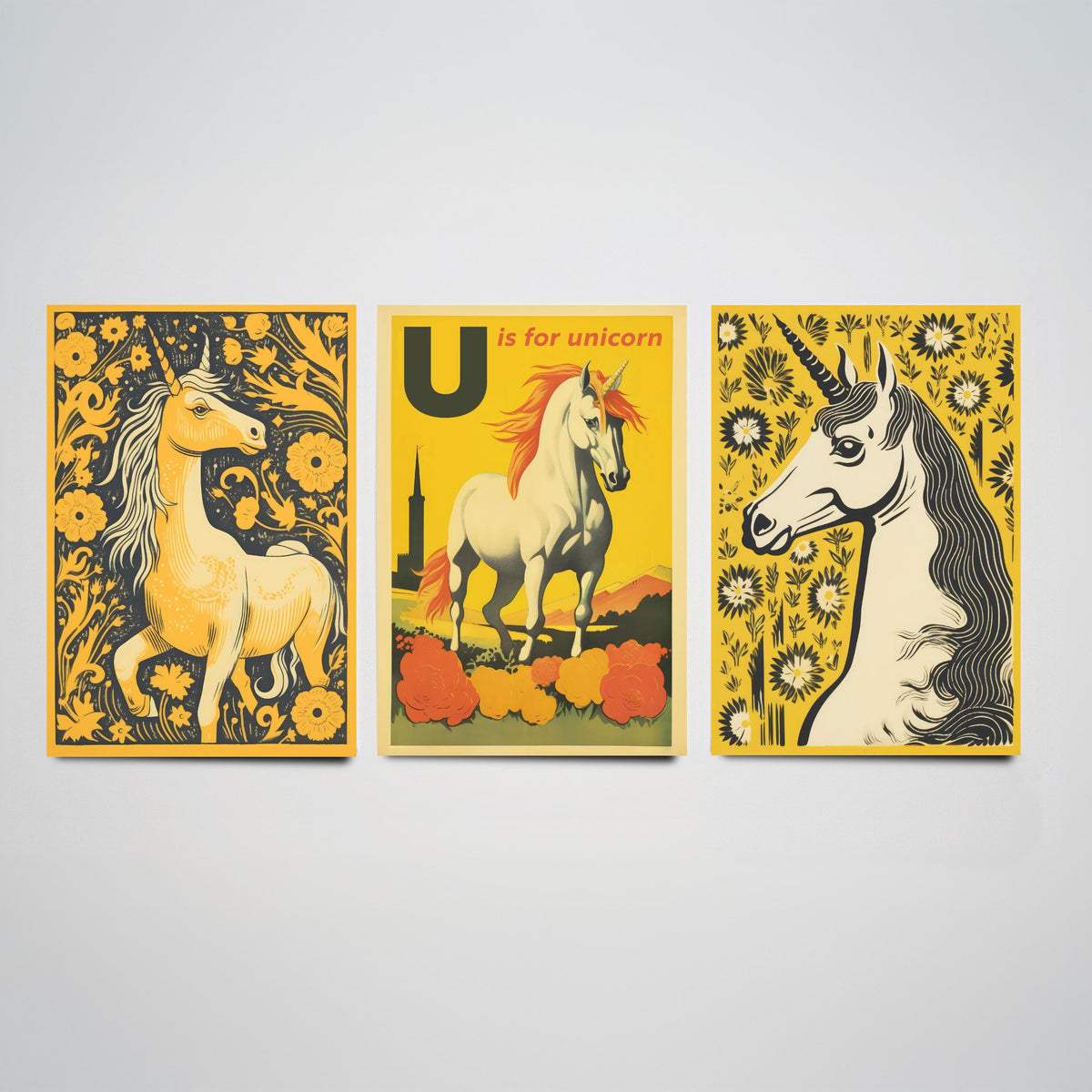 U is for Unicorn Set of Three Art Prints - Alphabet Letter U - Retro Yellow Unicorn Poster Illustration