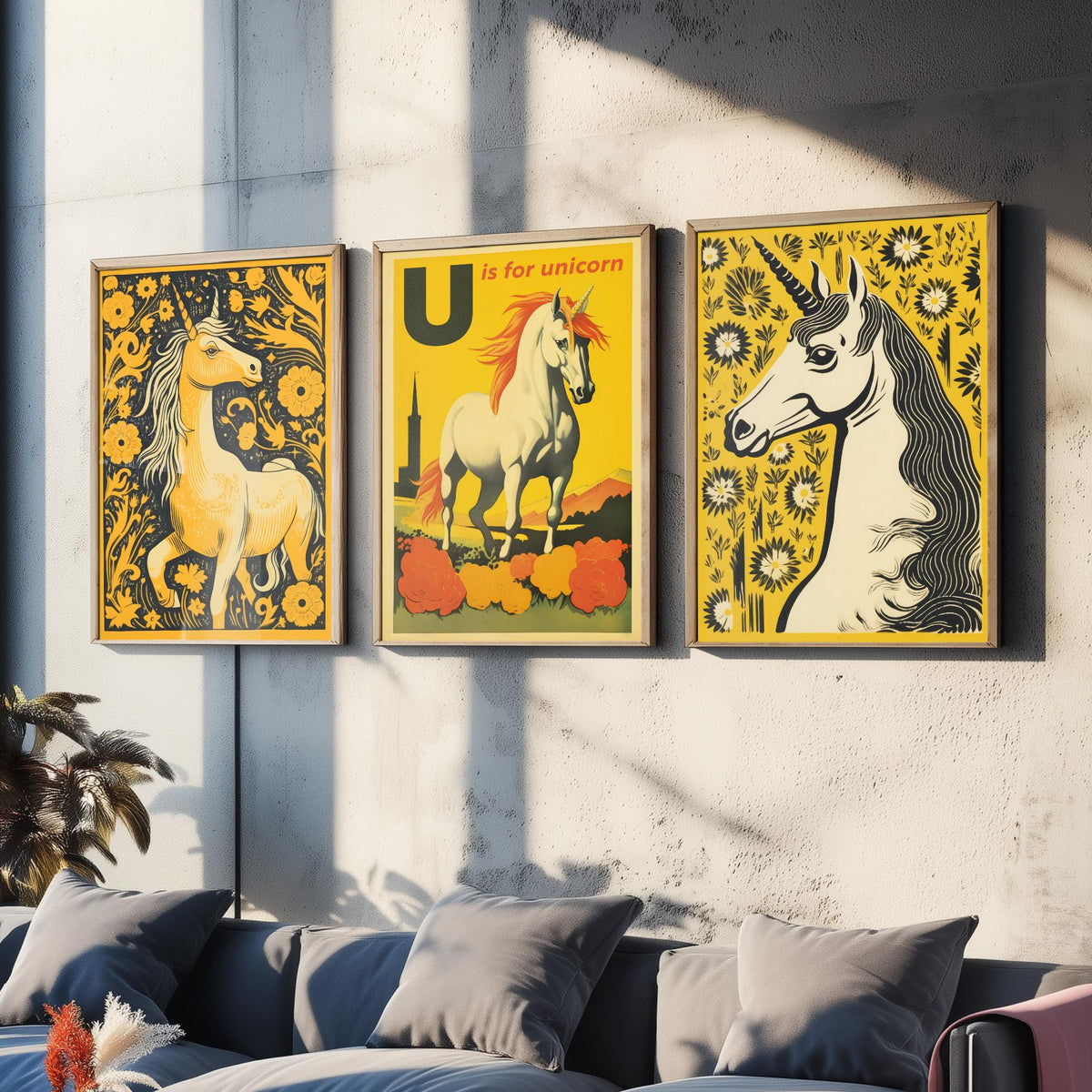 U is for Unicorn Set of Three Art Prints - Alphabet Letter U - Retro Yellow Unicorn Poster Illustration