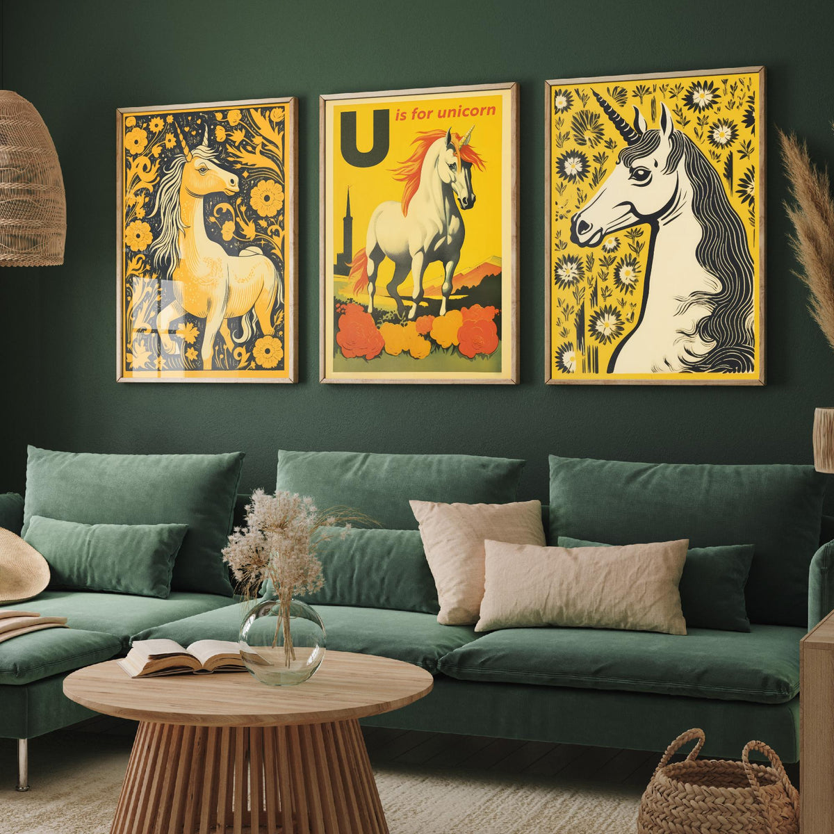 U is for Unicorn Set of Three Art Prints - Alphabet Letter U - Retro Yellow Unicorn Poster Illustration