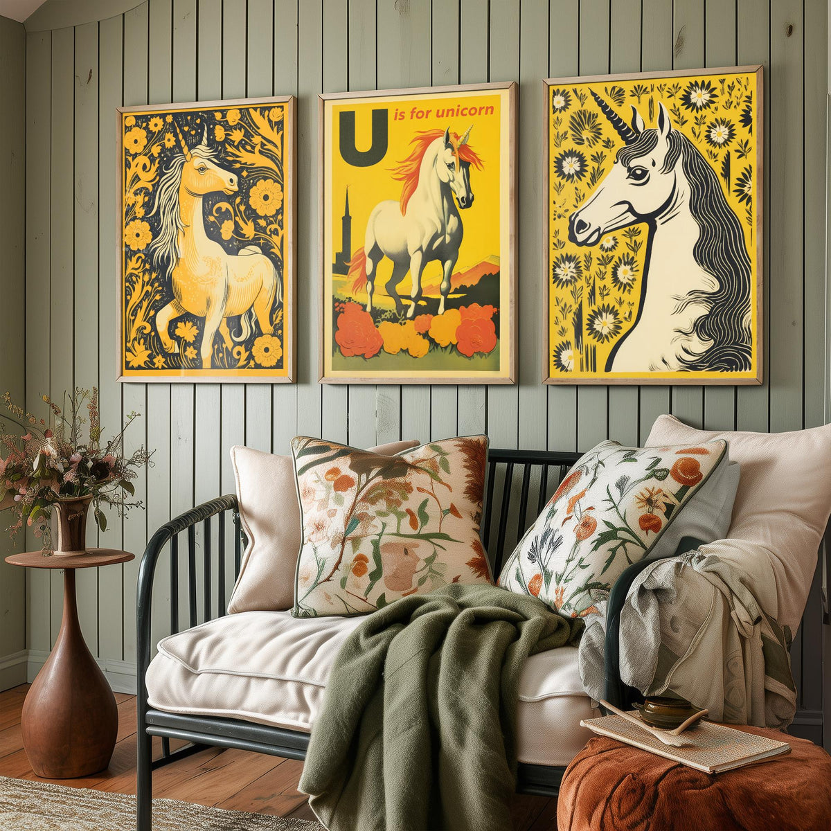 U is for Unicorn Set of Three Art Prints - Alphabet Letter U - Retro Yellow Unicorn Poster Illustration