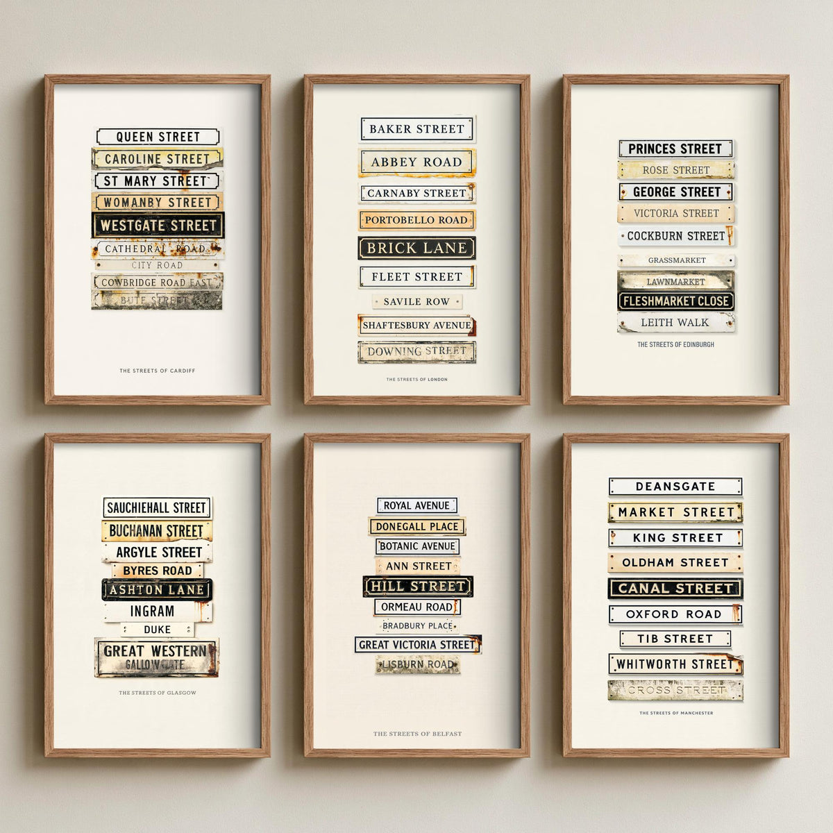 Set of Six UK City Street Sign Art Prints - 6 Enamel Nameplate Illustration Posters - London Edinburgh Glasgow Cardiff Belfast Manchester