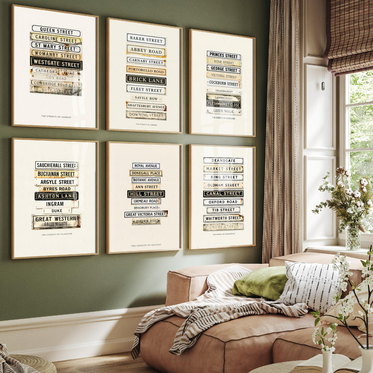 Set of Six UK City Street Sign Art Prints - 6 Enamel Nameplate Illustration Posters - London Edinburgh Glasgow Cardiff Belfast Manchester