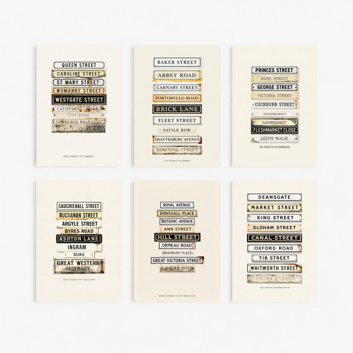Set of Six UK City Street Sign Art Prints - 6 Enamel Nameplate Illustration Posters - London Edinburgh Glasgow Cardiff Belfast Manchester