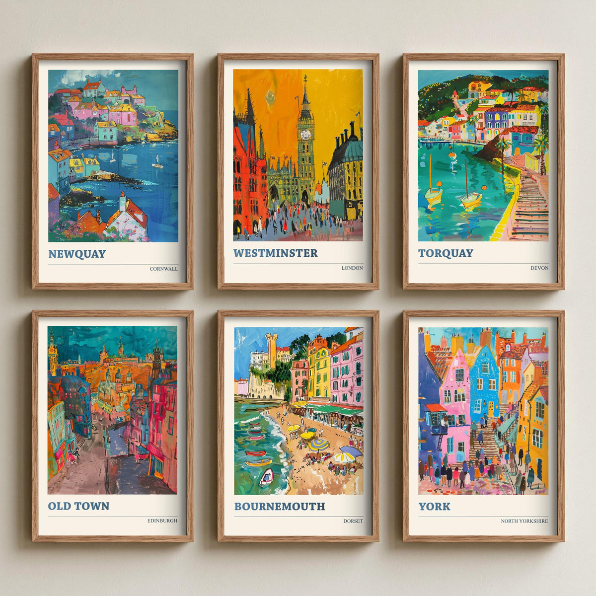 Set of Six UK Towns Travel Posters - 6 Ludwig Art Prints - Newquay, Westminster, Torquay, Edinburgh Old Town, Bournemouth, York Painting