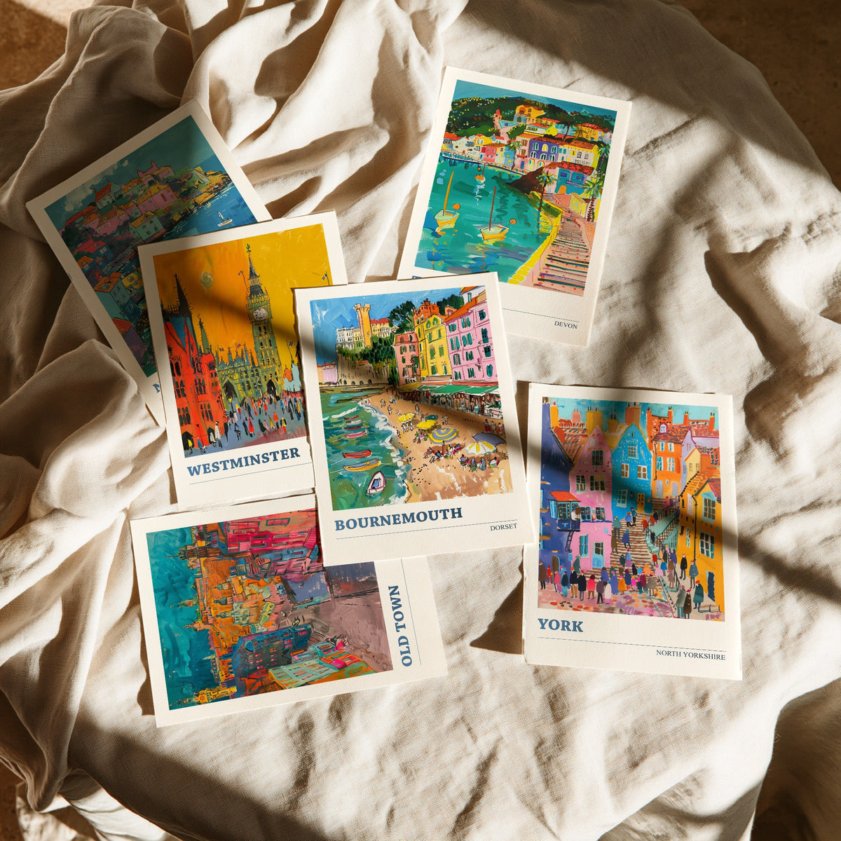 Set of Six UK Towns Travel Posters - 6 Ludwig Art Prints - Newquay, Westminster, Torquay, Edinburgh Old Town, Bournemouth, York Painting