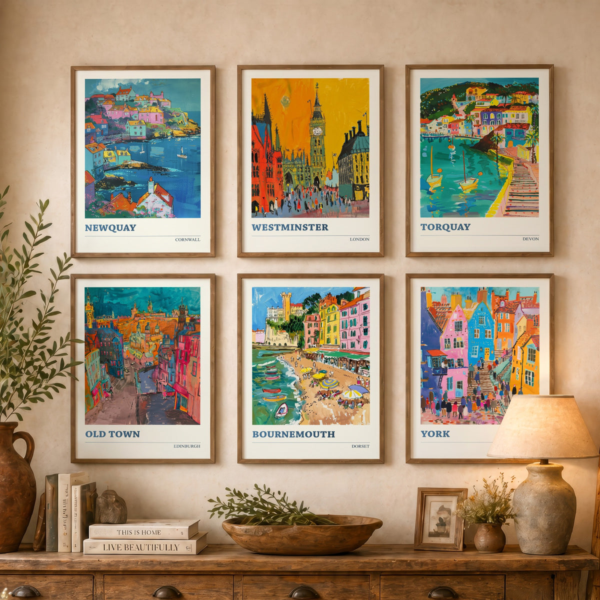 Set of Six UK Towns Travel Posters - 6 Ludwig Art Prints - Newquay, Westminster, Torquay, Edinburgh Old Town, Bournemouth, York Painting