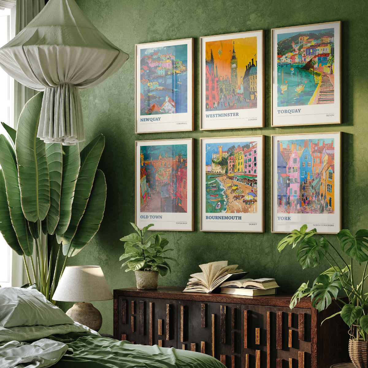 Set of Six UK Towns Travel Posters - 6 Ludwig Art Prints - Newquay, Westminster, Torquay, Edinburgh Old Town, Bournemouth, York Painting