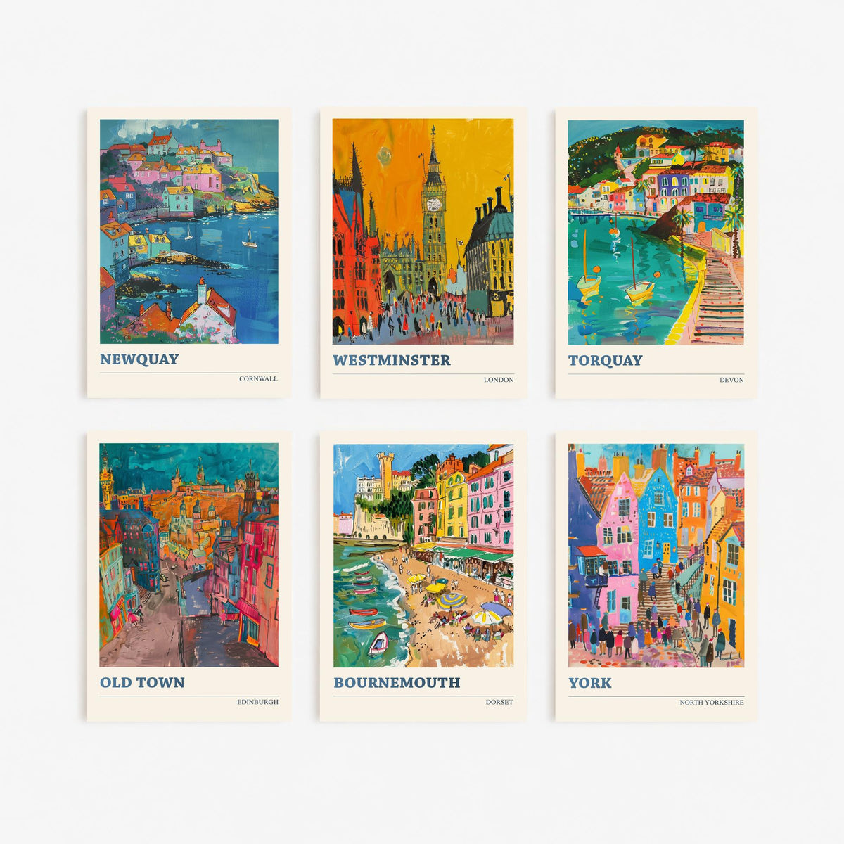 Set of Six UK Towns Travel Posters - 6 Ludwig Art Prints - Newquay, Westminster, Torquay, Edinburgh Old Town, Bournemouth, York Painting