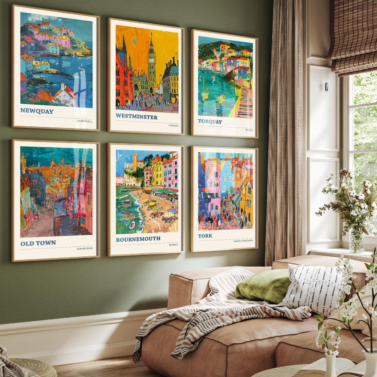Set of Six UK Towns Travel Posters - 6 Ludwig Art Prints - Newquay, Westminster, Torquay, Edinburgh Old Town, Bournemouth, York Painting