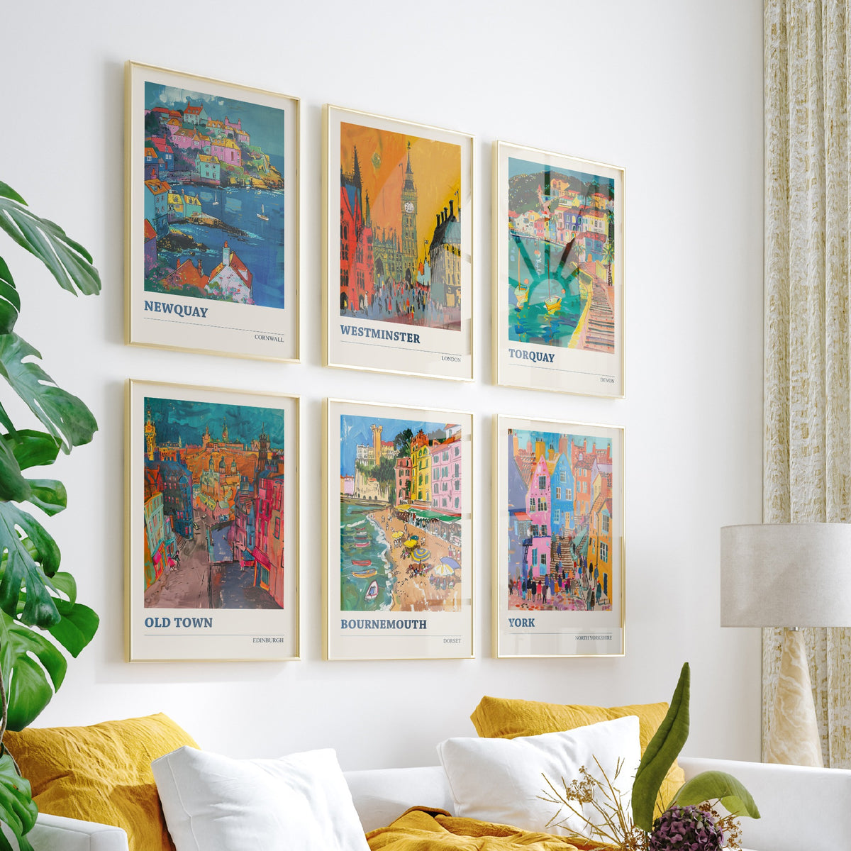 Set of Six UK Towns Travel Posters - 6 Ludwig Art Prints - Newquay, Westminster, Torquay, Edinburgh Old Town, Bournemouth, York Painting