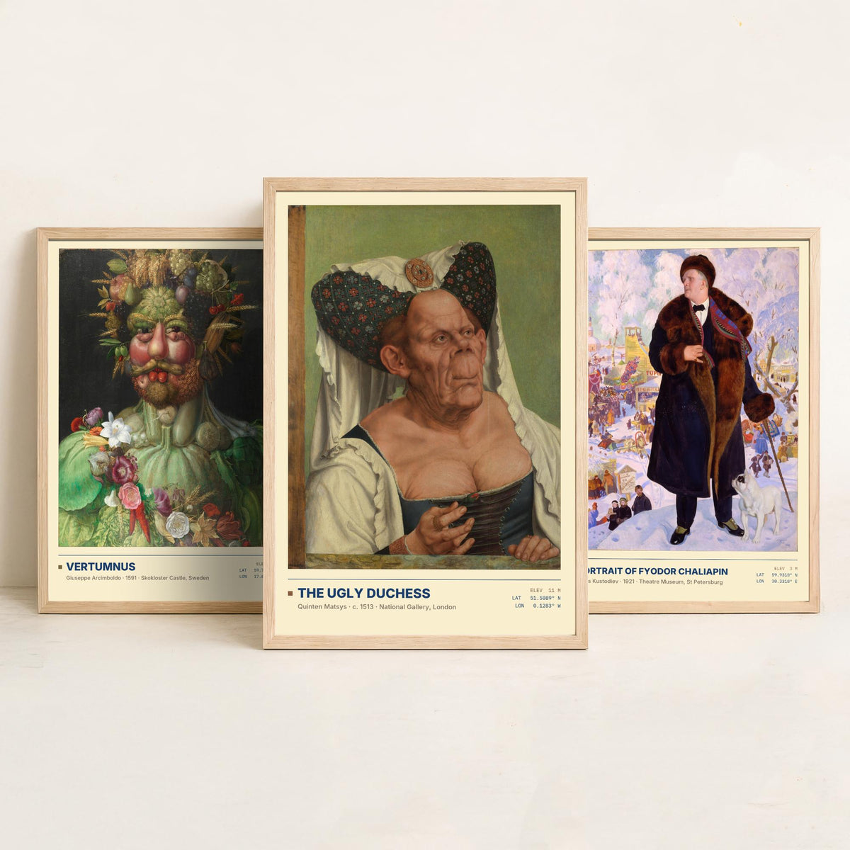 Unconventional Portraits Set of Three Art Prints - Vertumnus, Chaliapin, The Ugly Duchess - Arcimboldo Matsys Kustodiev Posters - Paintings