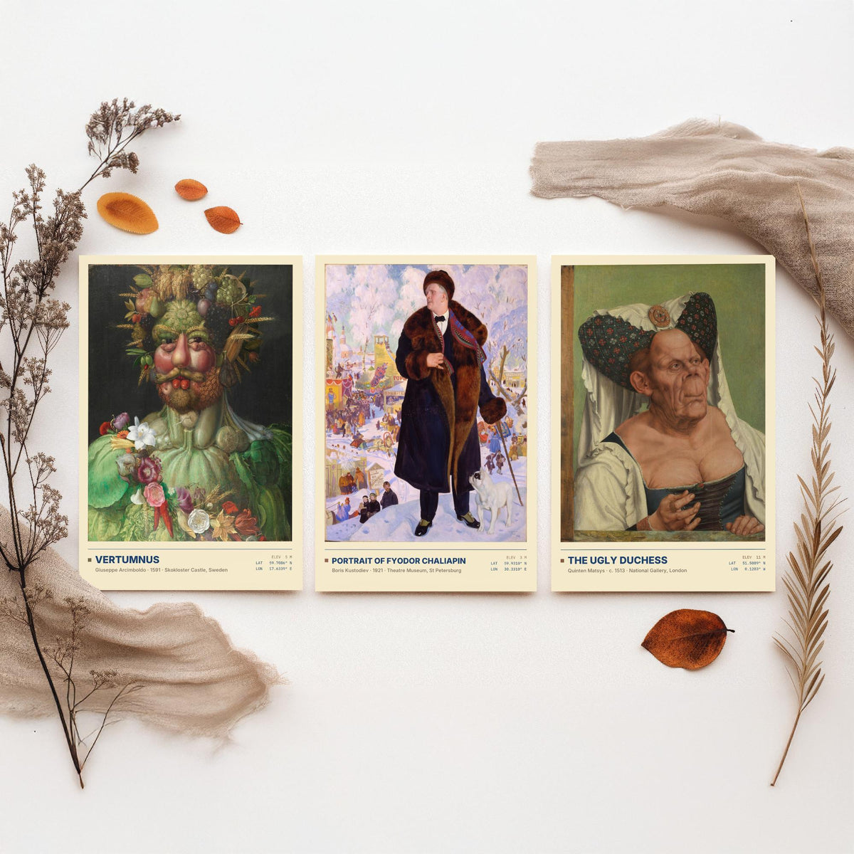 Unconventional Portraits Set of Three Art Prints - Vertumnus, Chaliapin, The Ugly Duchess - Arcimboldo Matsys Kustodiev Posters - Paintings